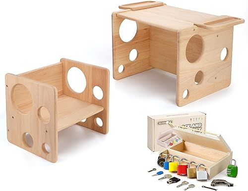 Montessori - Juego de mesa y silla de destete para niños pequeños, mesa de madera maciza natural para niños y niñas, con 8 piezas de cerradura