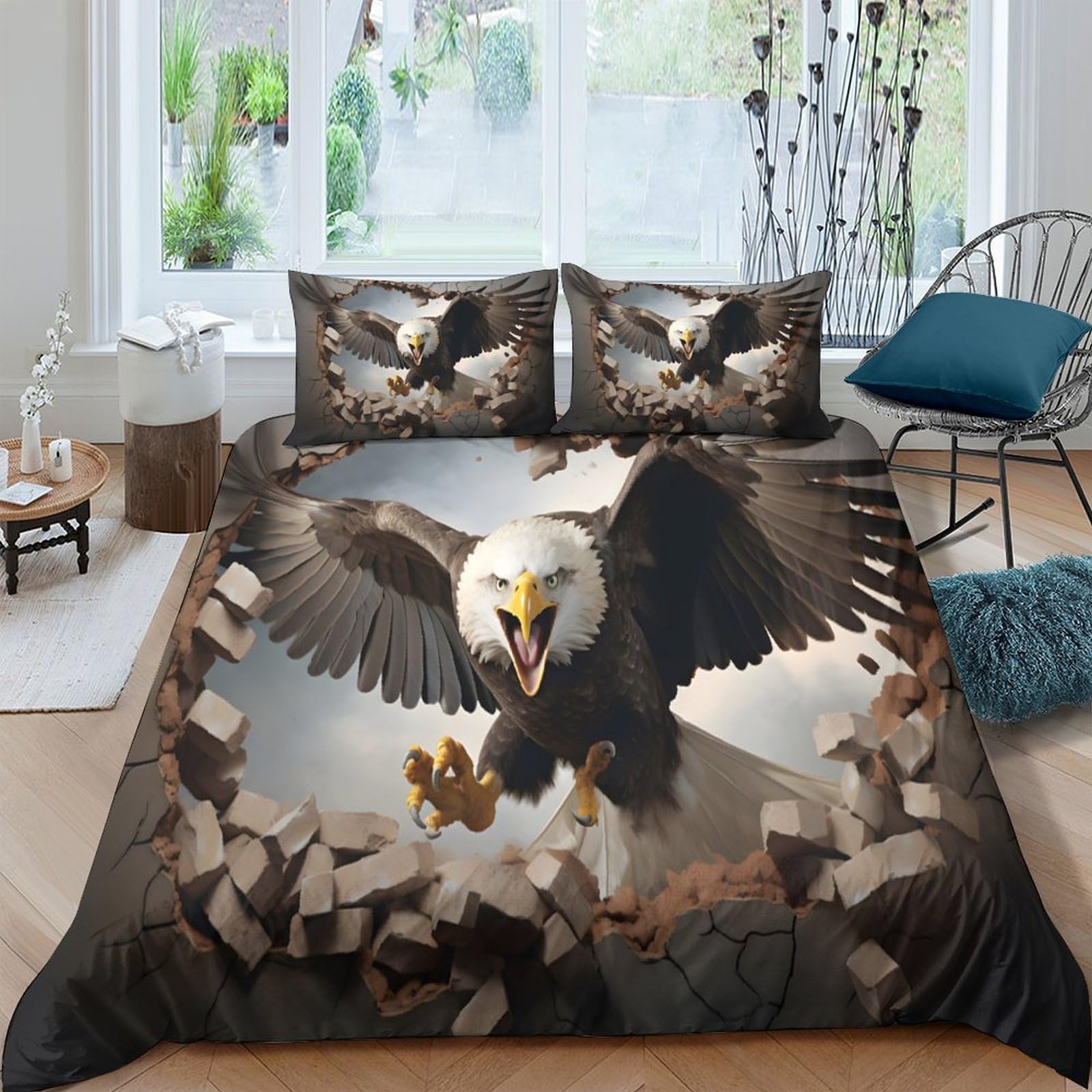 GPLZQXKJNH 3D Printed Eagle Breaking Wall Duvet Cover Microfiber Soft Breathable Wild Bird Bedding Set with 2 Pillowcases for Bedroom Decor Single（135x200cm）