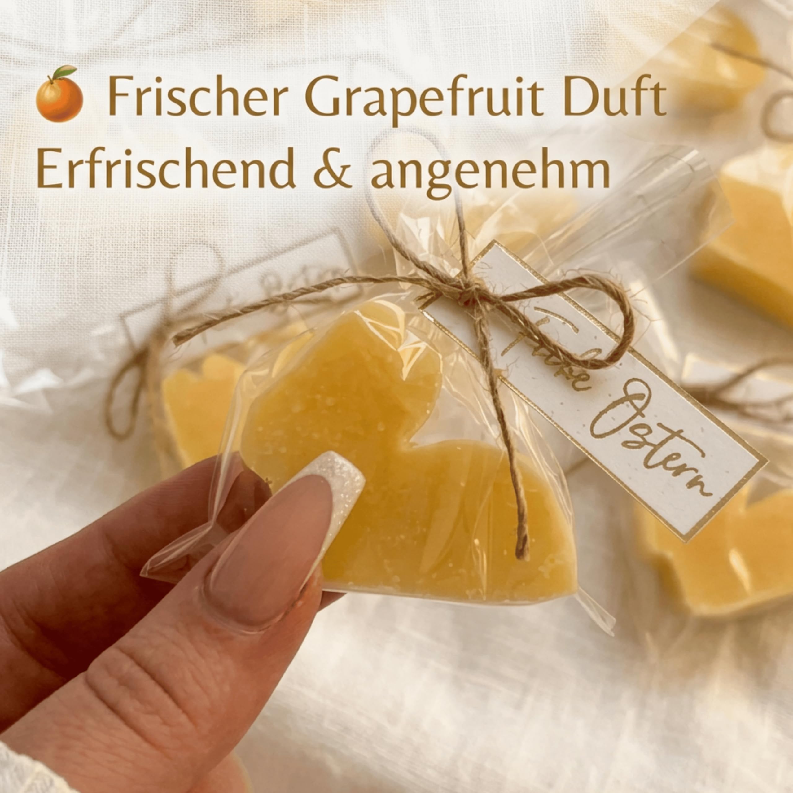 Gastgeschenk Ostern Seife Osterhase – Ostergeschenk Mitarbeiter & Firmenkunden – Duftseife Grapefruit 20 g mit Schleife & Frohe Ostern Etikett – Osterkorb Füllung, kleines Ostergeschenk Firma, Kundeng