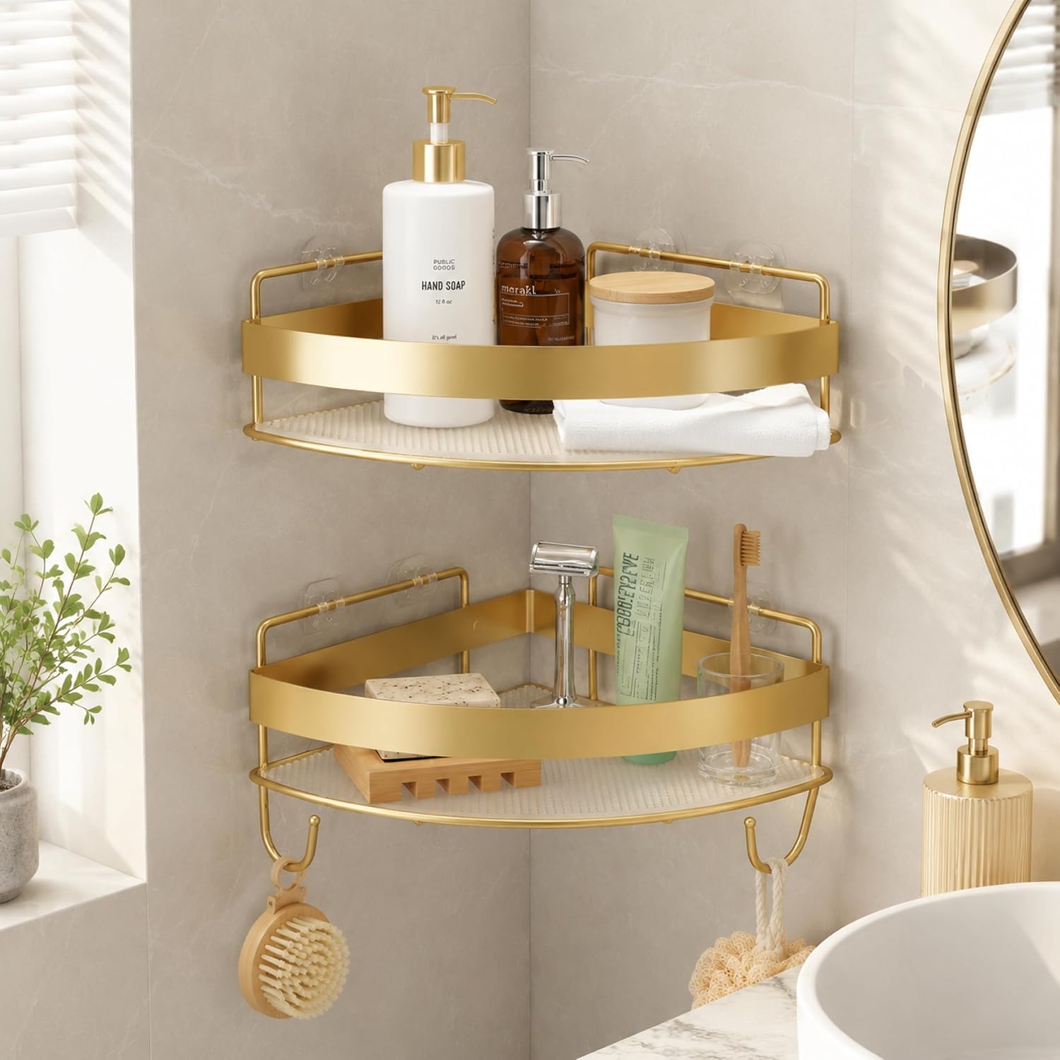 EVERZONE Brushed Gold Corner Shower Caddy for Bathroom Storage, No-Drill Adhesive Organizer, Rustproof 304 Stainless Steel Shower Shelves with Hooks, Acrylic Base Shower Rack, 2 Pack (Gold & Acrylic)