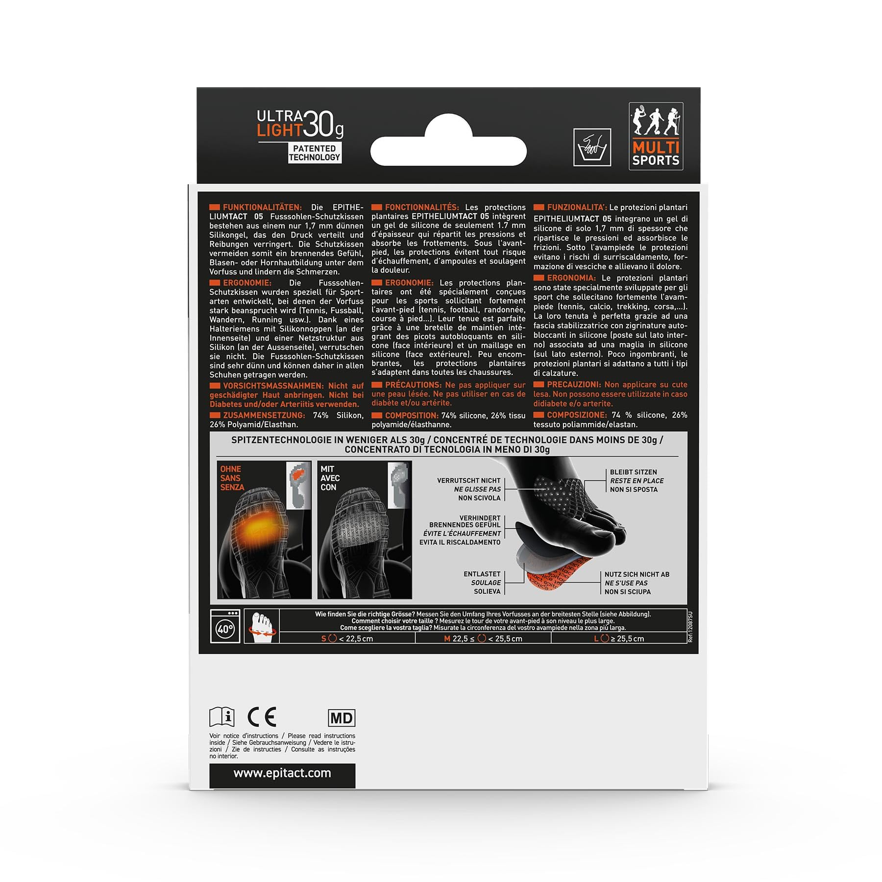 EPITACT | Protections Plantaires Sport | Préviennent et Soulagent les Douleurs sous l’Avant-Pied Lors du Sport (Échauffement, Durillon…) | Finesse, Résistance et Tenue Idéales (M)