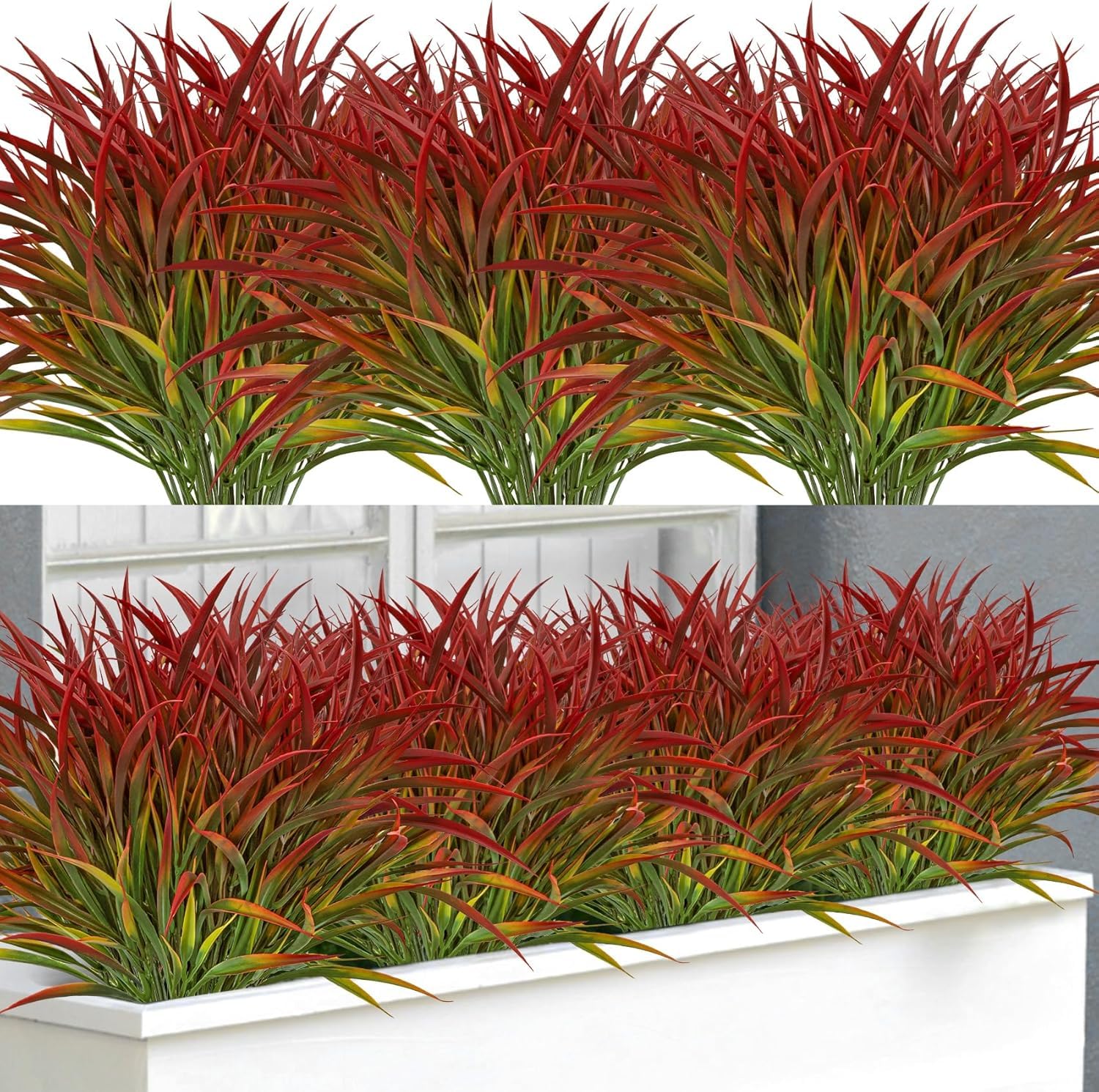 Hbzunt 16 PCS Bundles Artificial Plants Outdoor, Fake Grass Greenery Stems, UV Resistant Faux Plastic Plants for Spring Summer Indoor Outside Garden Home Patio Box Decor