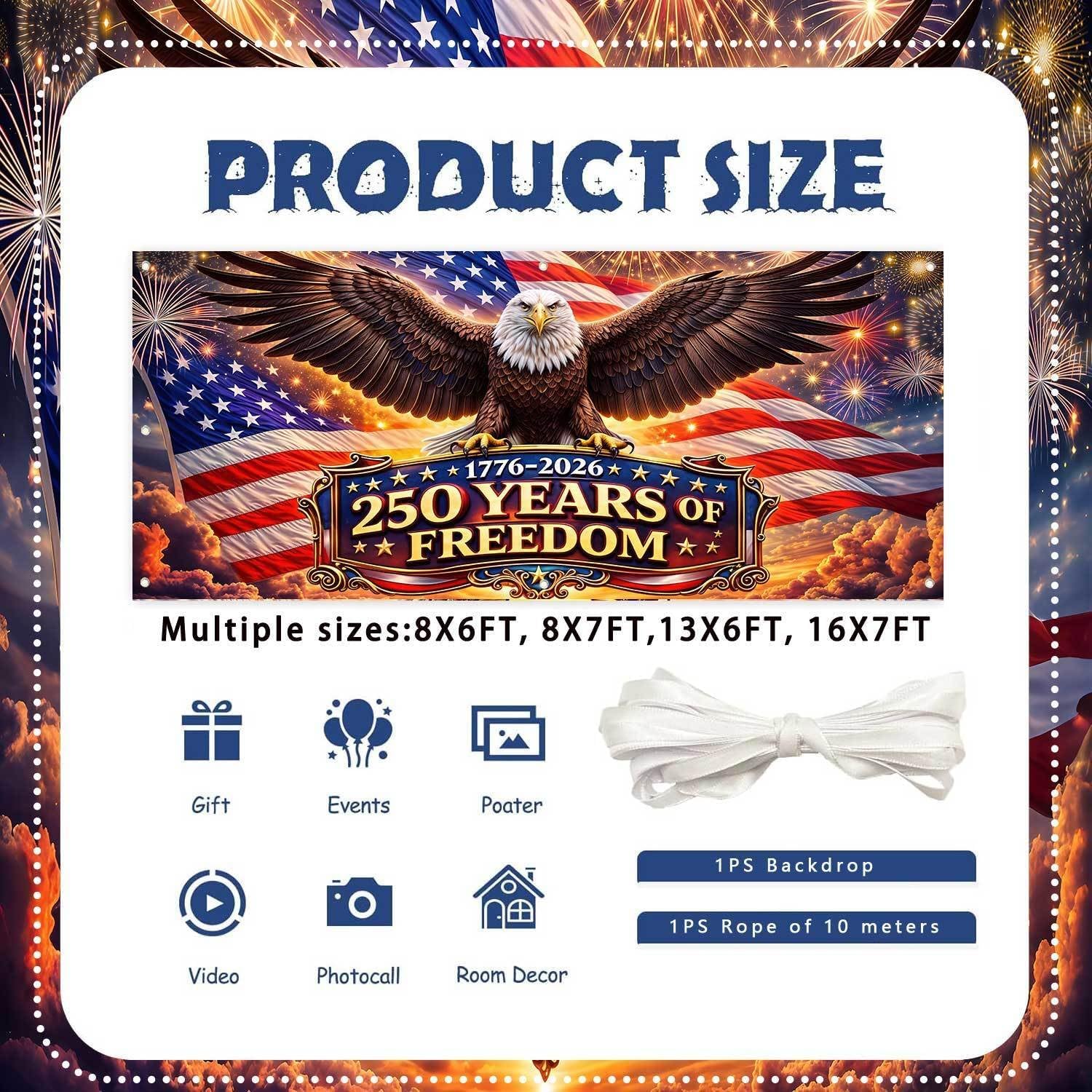 8X7ft American 250 Years of Freedom Garage Door Decorations Cover, 1776-2026 USA 250th Birthday Anniversary Party Decorations, Independence Day 4th of July Patriotic Garage Door Background