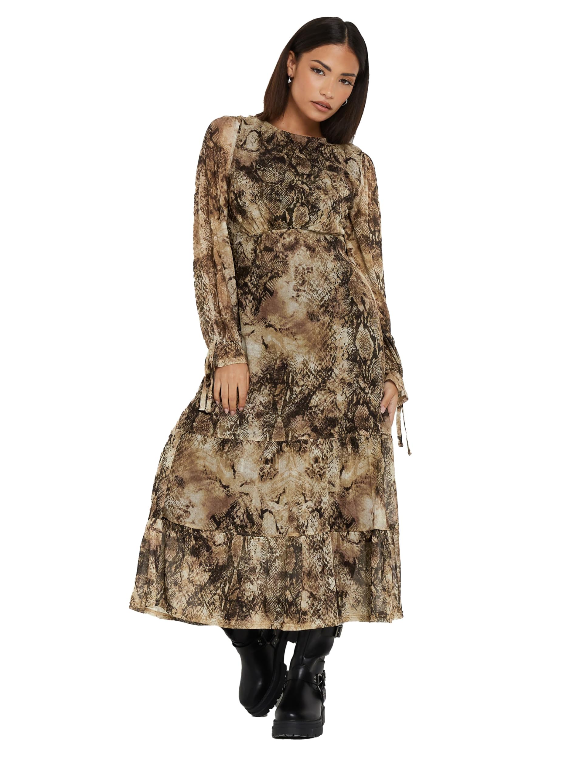 Pixiegirl Women's Brown Petite Beige Snake Print Mesh Tiered Dress Size 8