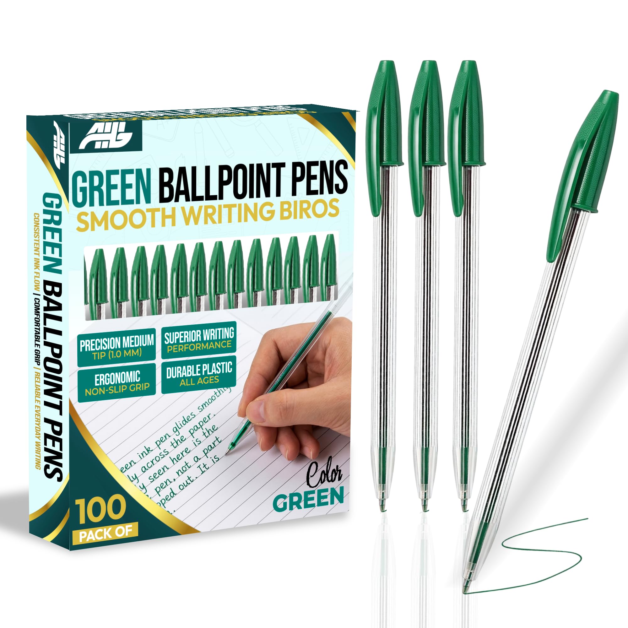 AHG 2ร50 Green Ballpoint Pens | 100 Pack Smooth Writing Biros | Consistent Green Ink Flow & Comfortable Grip | Bulk Pens for School Office Home | Reliable Marking & Note-Taking Pens for Everyday Use