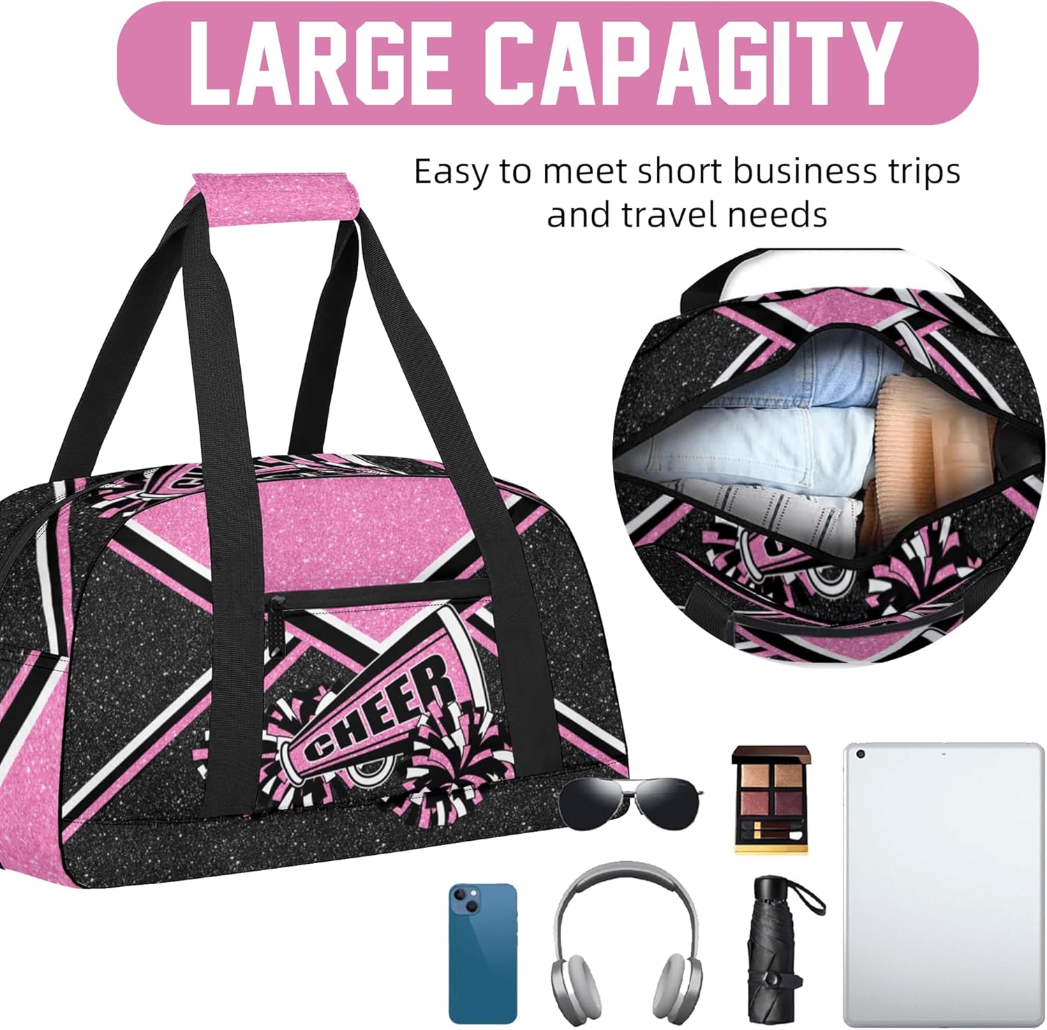 Gym Bag for Cheerleaders, Cheer Duffle Bag for Women, Carry on Weekender Bags, Travel Bag Cheerleading Duffel Bag (Pink)