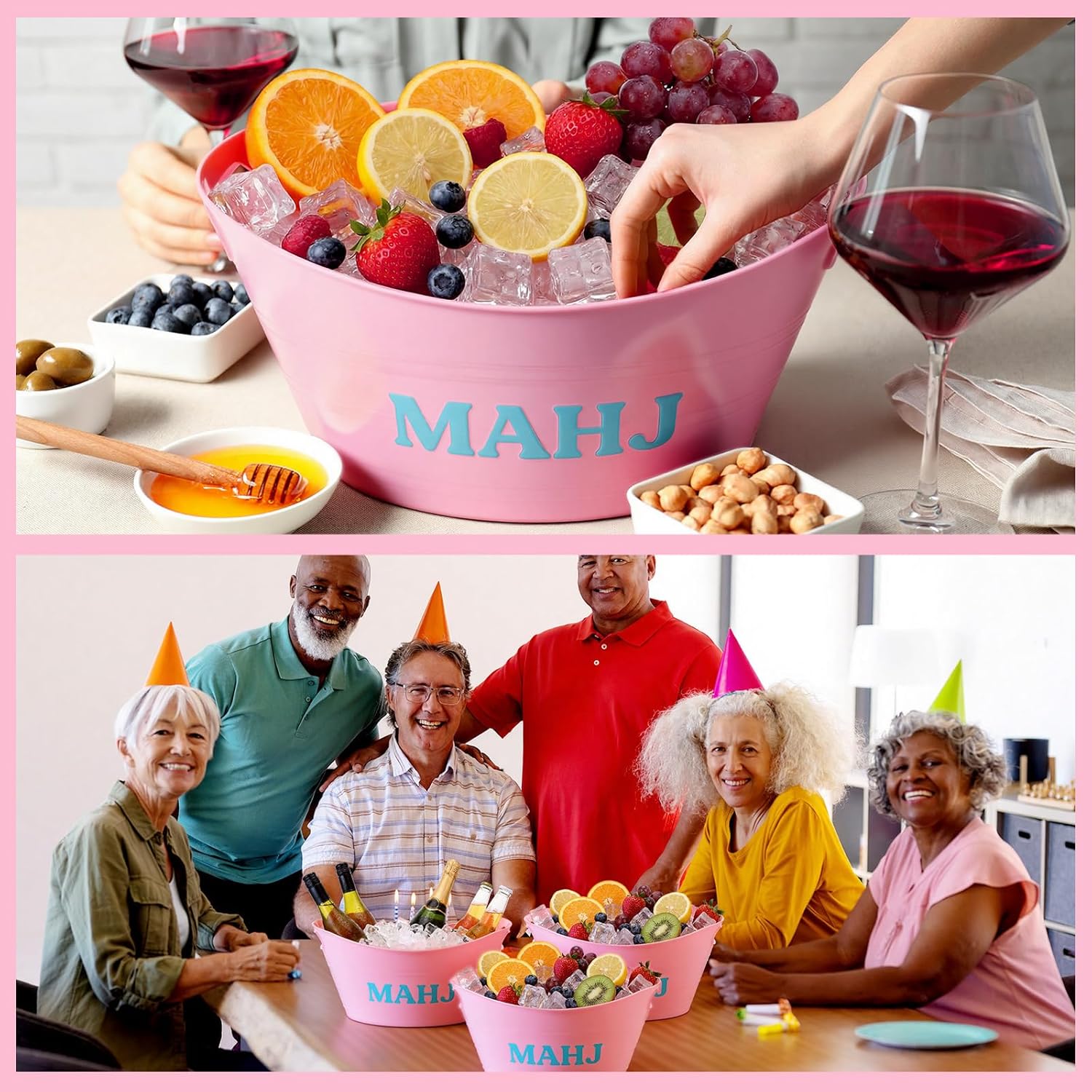 LemonRoad 4 Pcs Pink Mahjong Plastic Ice Bucket Drink Cooler Bulk 4.5l Oval Storage Basket Tub with Handles Mahjong Party Accessories for Casual Gatherings Game Nights Bridal Showers Birthday Party