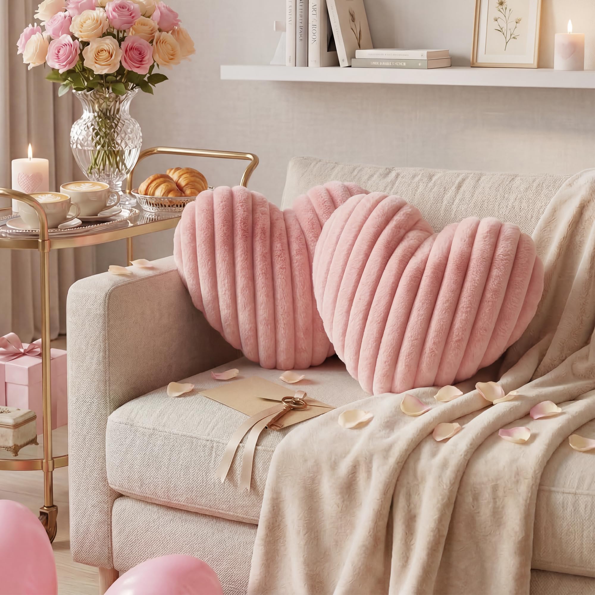 Rilcn Valentine's Day Heart Cushion Set – 2 Pcs Heart Shaped Throw Pillow, Soft Faux Fur Pink Decorative Pillows for Sofa, Bed & Home Decor, for Lovers, 40x35cm