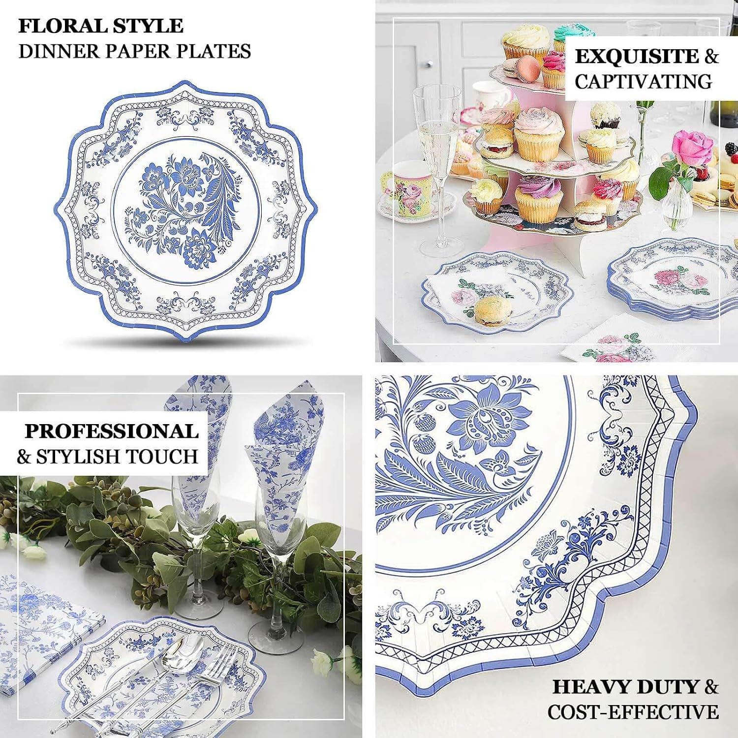 Efavormart 25-Pack 8" White and Blue Chinoiserie Floral Paper Plates, 300 GSM Heavy Duty Scalloped Rim Dessert Plates for Coastal Weddings
