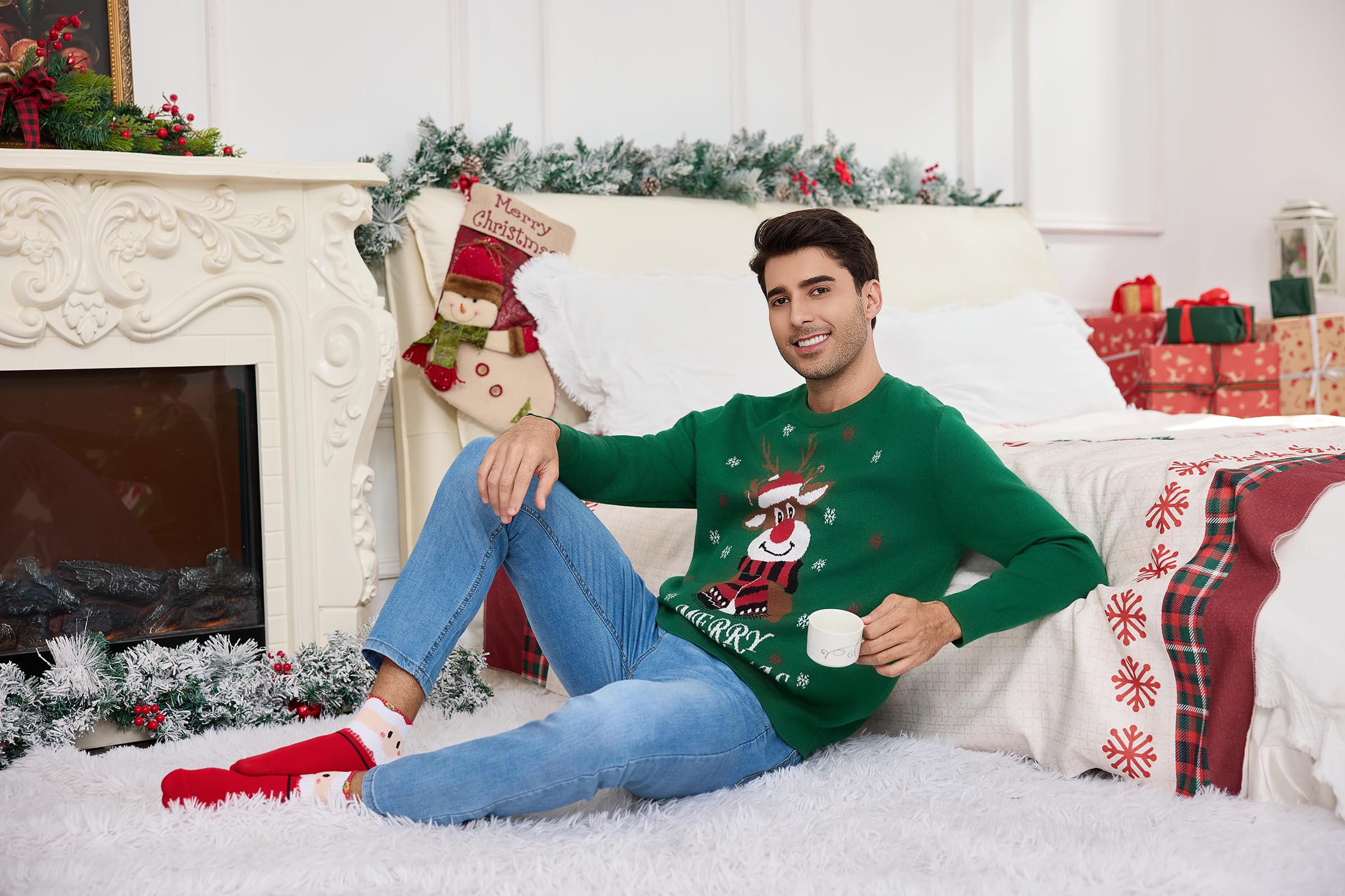 Gyabnw Jersey de Navidad Hombre de Punto Manga Larga Cuello Redondo