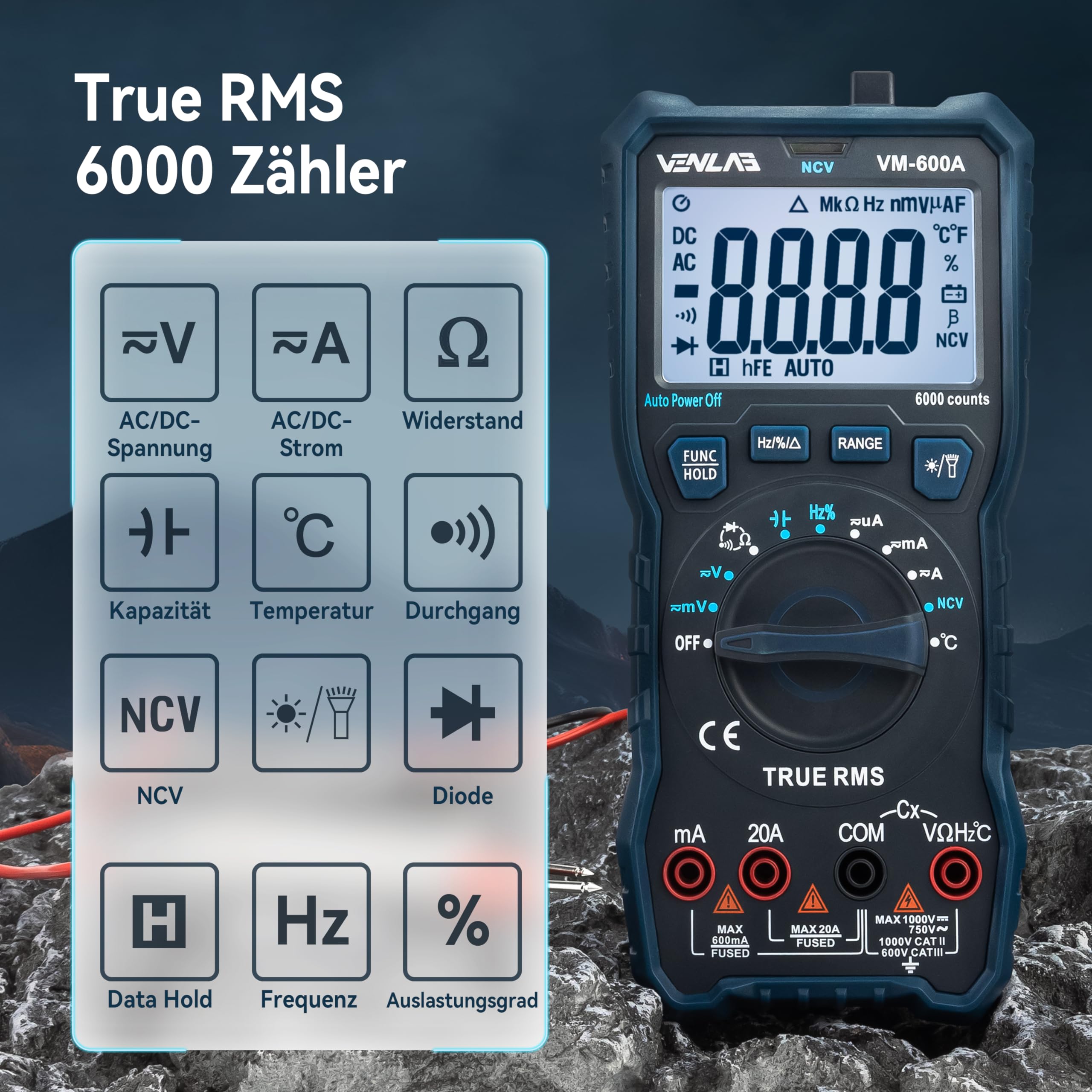 Multimeter mit 6000 Zählungen, True RMS Auto-Ranging Digital,VENLAB Strommessgerät Voltmeter, Misst genau Spannung Strom Widerstand Diode Durchgang, Mit LCD-Anzeige und faltbar Ständer.