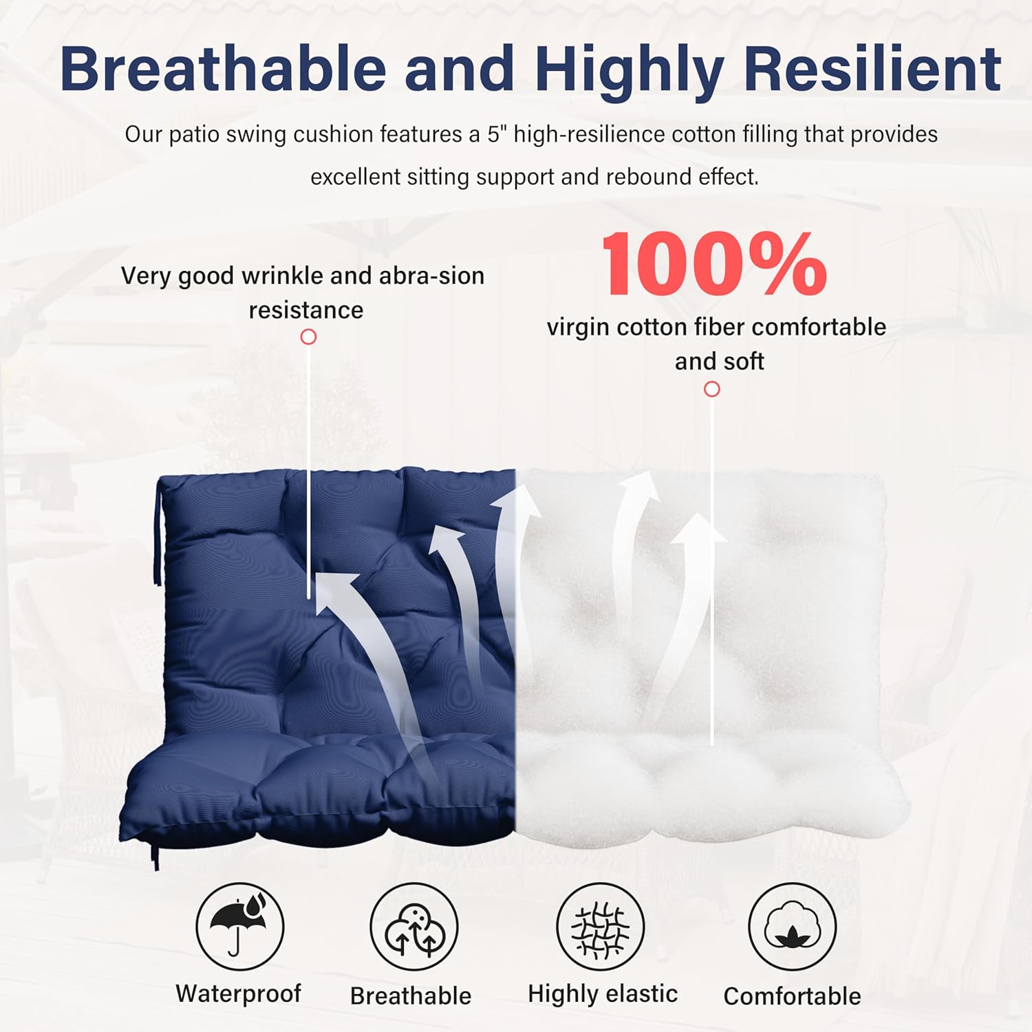 Porch Swing Cushion with Backrest,Waterproof Bench Cushion for Outdoor Furniture,2-3 Seater Replacement Thickened 5 in swing cushion,with Ties,Patio,Outdoor,Backyard and Garden (Blue,47x40 in)