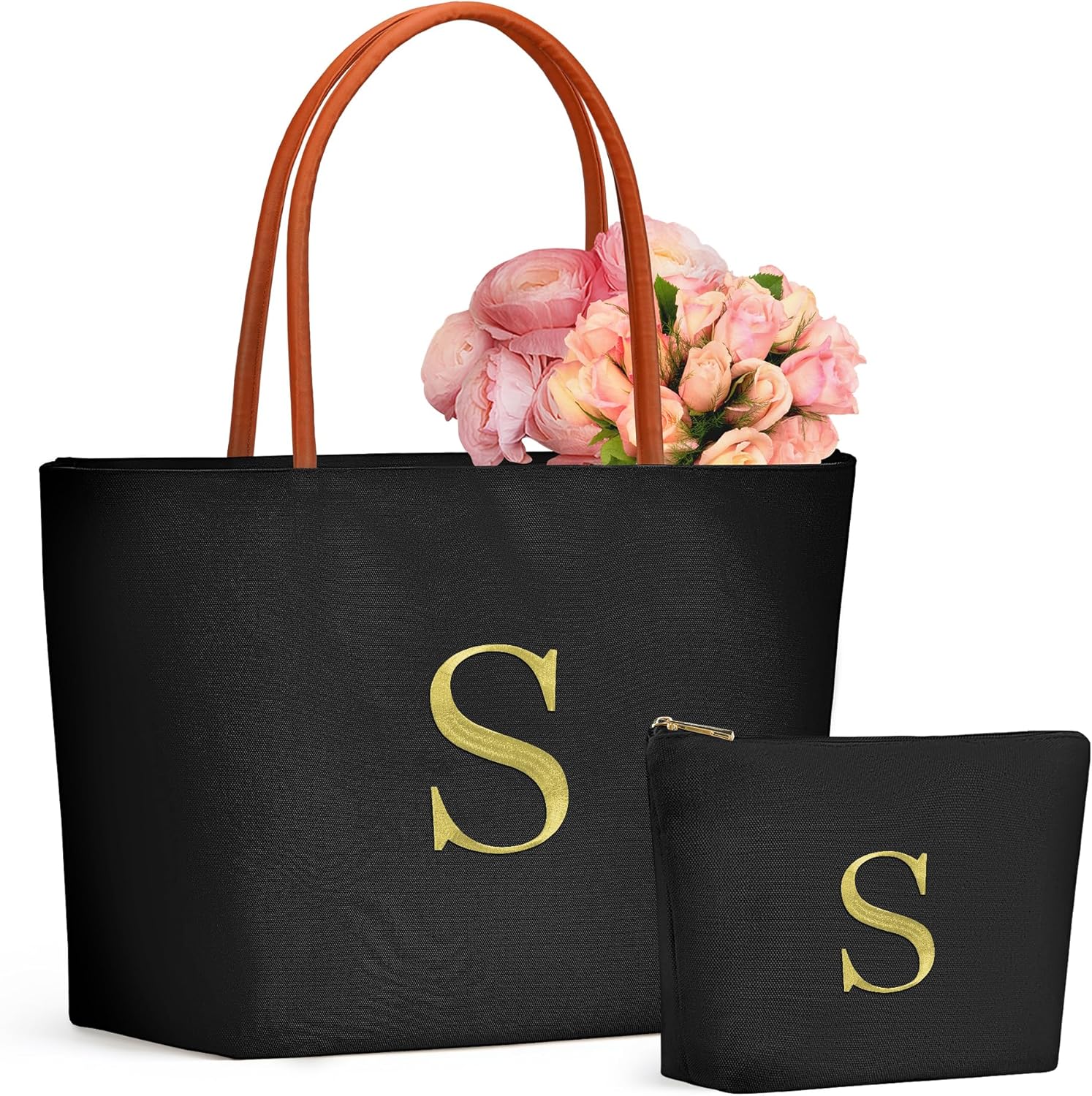 YOOLIFE Christmas Gifts for Women - Initial Canvas Tote Bag & Makeup Bag, Birthday Gifts for Women Mom Wife Teacher Friend