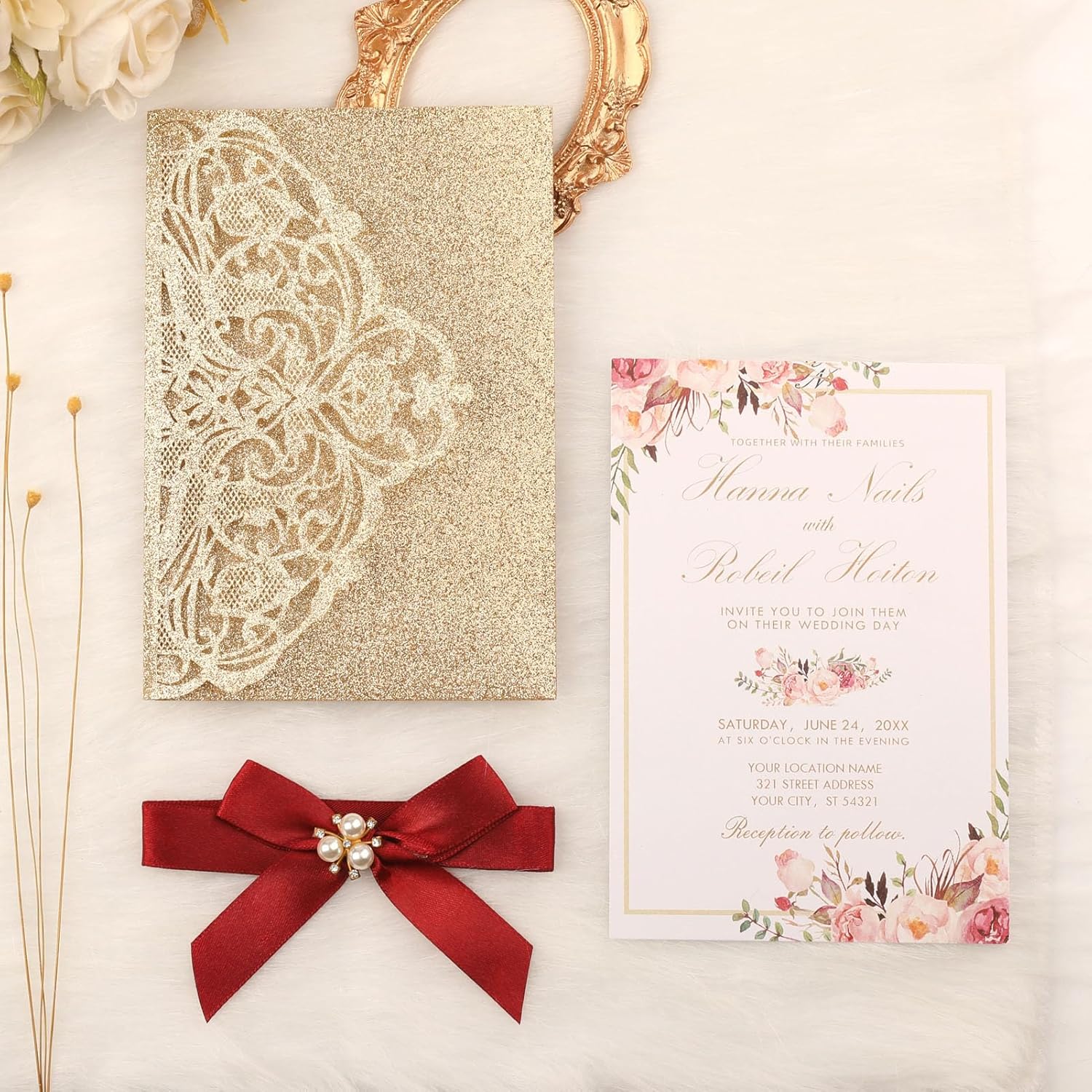 25Pcs Gold Glitter Wedding Invitations with Burgundy Ribbons Laser Cut Invitation Pocket with RSVP Cards Envelopes Blank for Wedding Quinceanera Anniversary (Complete Blank, Templates Available)