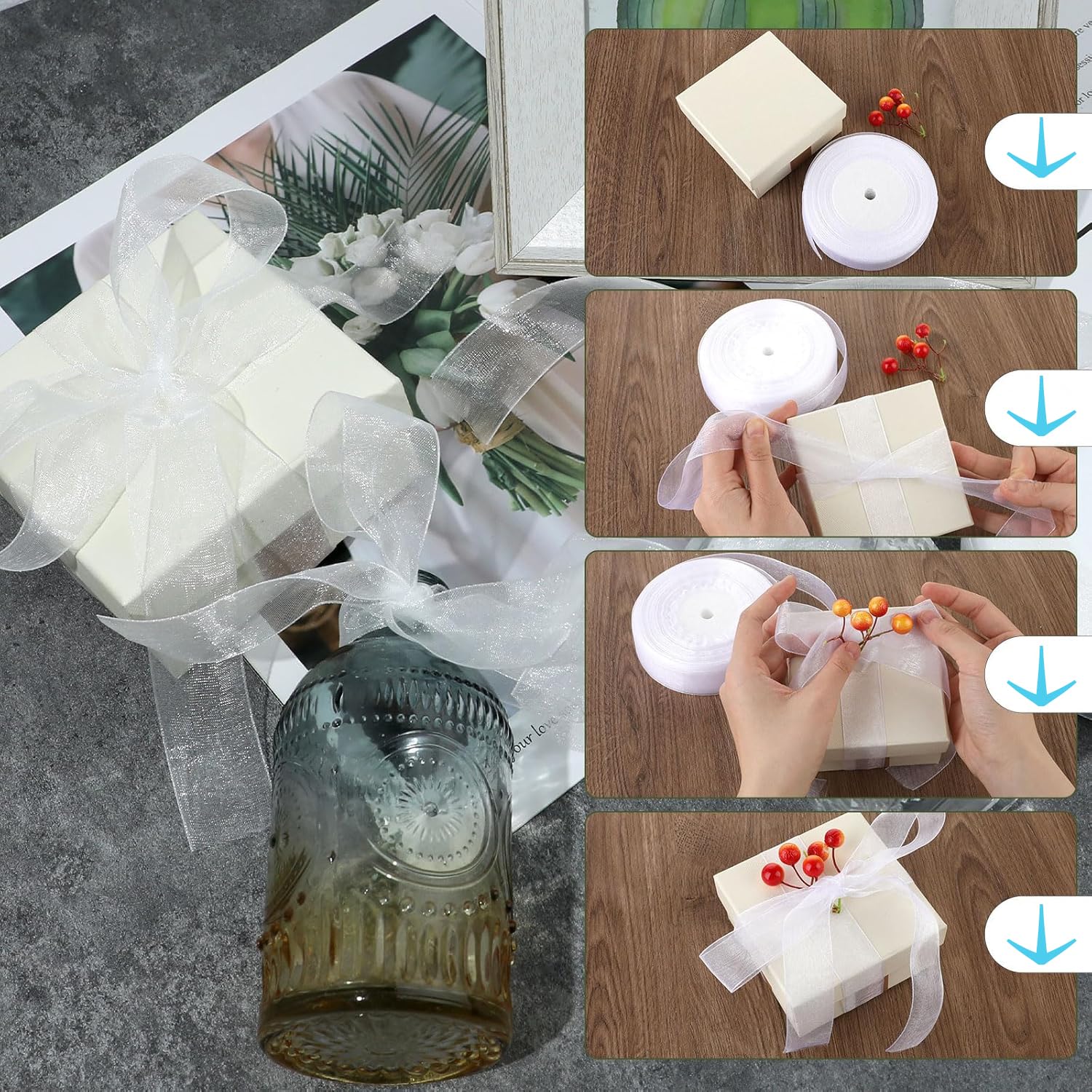 Ruban Cadeau En Mousseline D'organza Vert, 2 Cm X 45 M - Ruban En Organza Transparent - Large Ruban En Tissu - Emballage Cadeau - Pour Mariage, Bricolage Et Décoration D'anniversaire