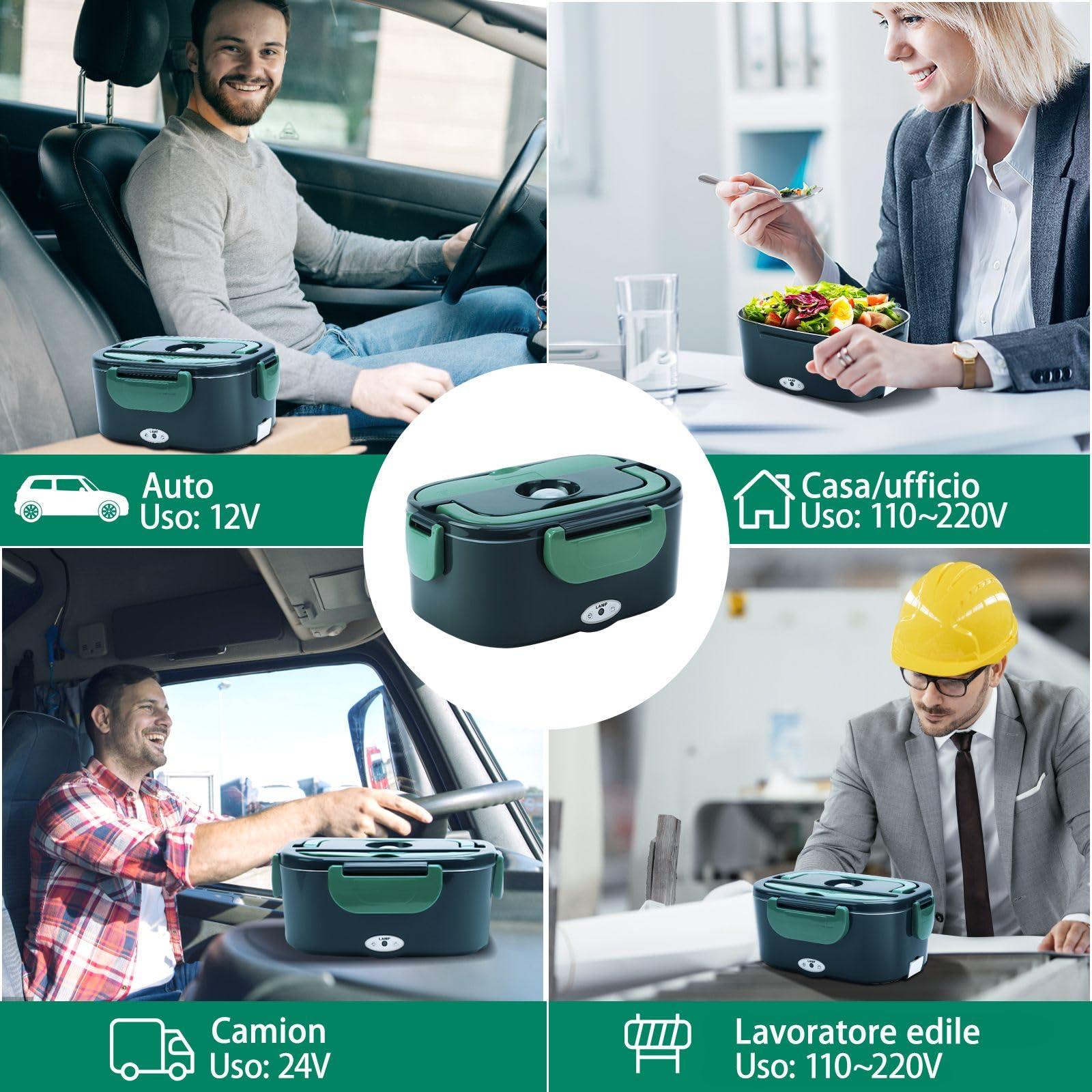 Lunch Box Elettrico Portatile 4 in 1 12V/24V/110V/220V 1.5L 60W Acciaio Inox Auto Camion Ufficio