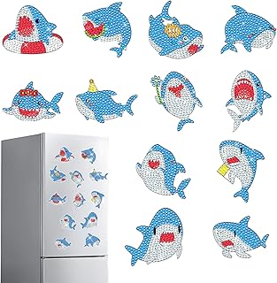 Shark Diamond Art Magnets Refrigerator - 12 PCS DIY Cute Ocean Animal Diamond Painting Fridge Magnets Gem Art Craft Summer Kitchen Home Decor Birthday for Adults Beginners