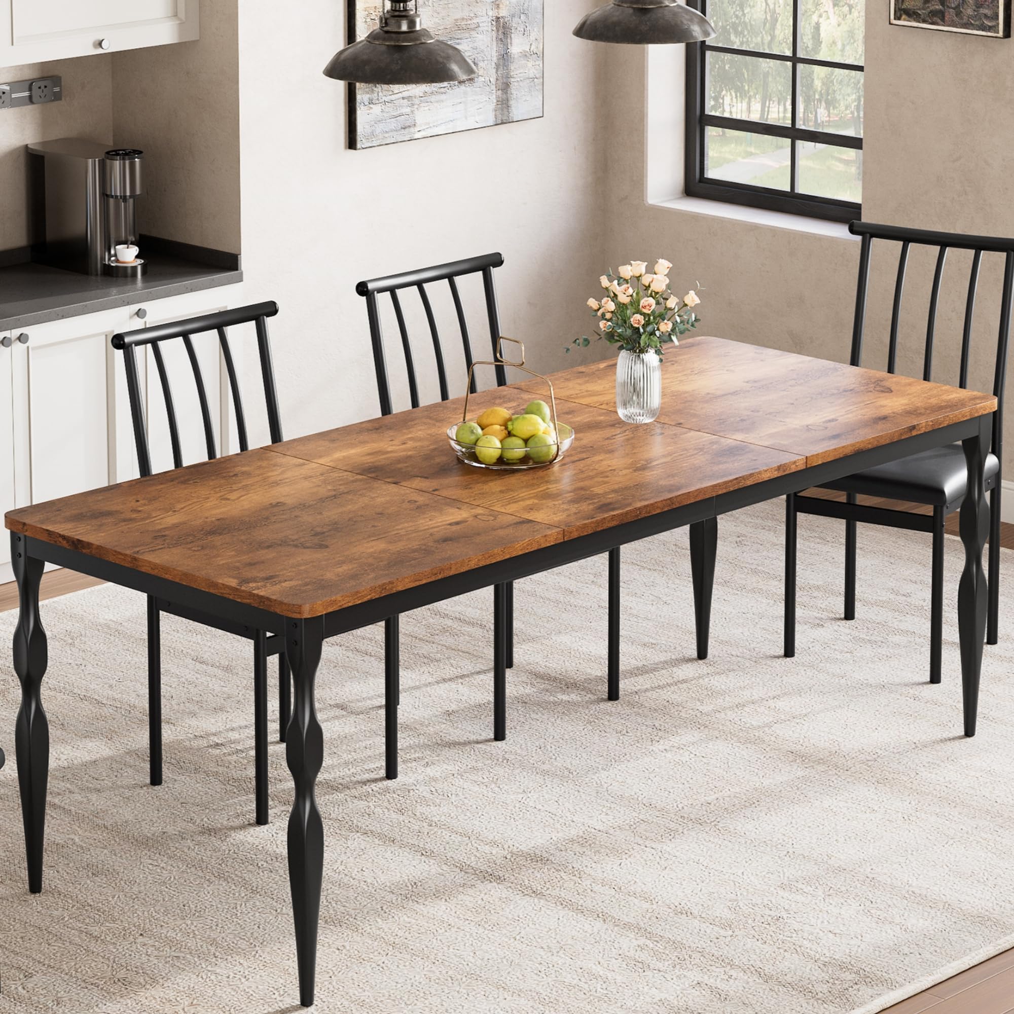 Zstar Mesa De Comedor Industrial para 6 Personas, Mesa Larga De Madera con Diseño De Mortaja y Espiga, Mesa De Cocina con Patas De Metal Resistentes, para Comedor, Oficina, Sala De Estar.