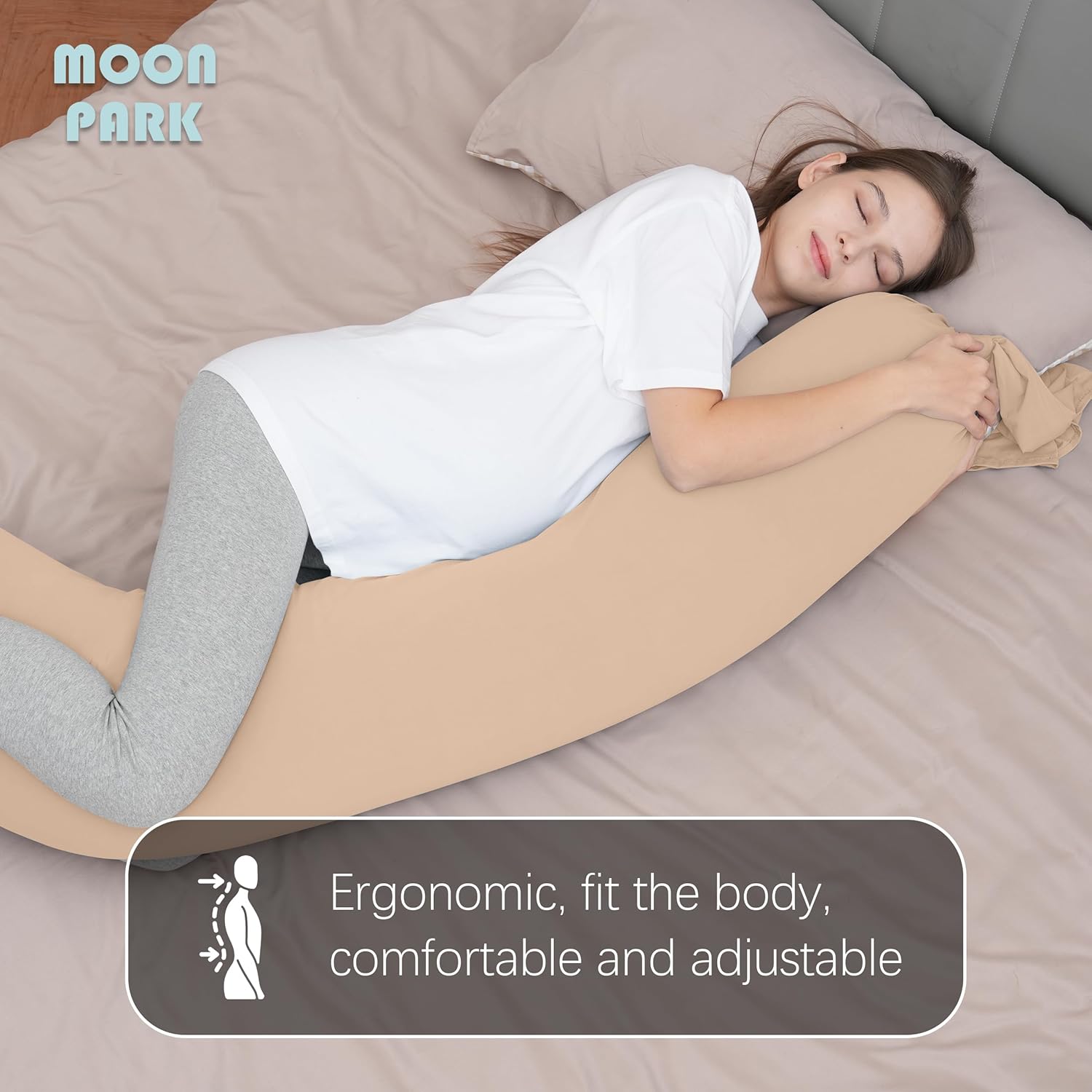 MOON PARK Pregnancy Pillow - Incredibly Smooth and Soft Cooling Cover I Shaped Full Body Maternity Pillow with Removable Cover - Support for Side, Back, Legs, Belly, HIPS - Brown