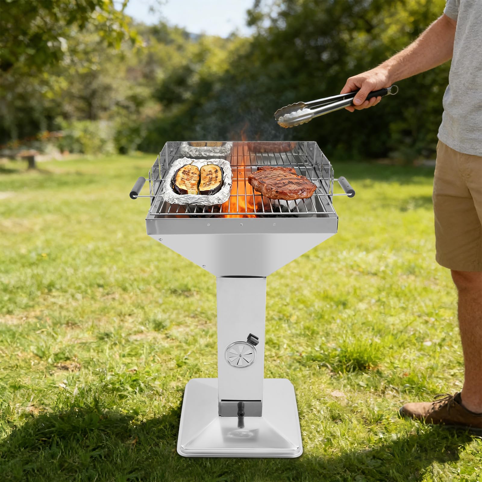 Barbacoa de carbón vegetal de acero inoxidable con rejilla cromada, bandeja para cenizas y ventilación, 3 alturas ajustables, barbacoa de carbón para camping, playa, barbacoa, jardín (tipo A)