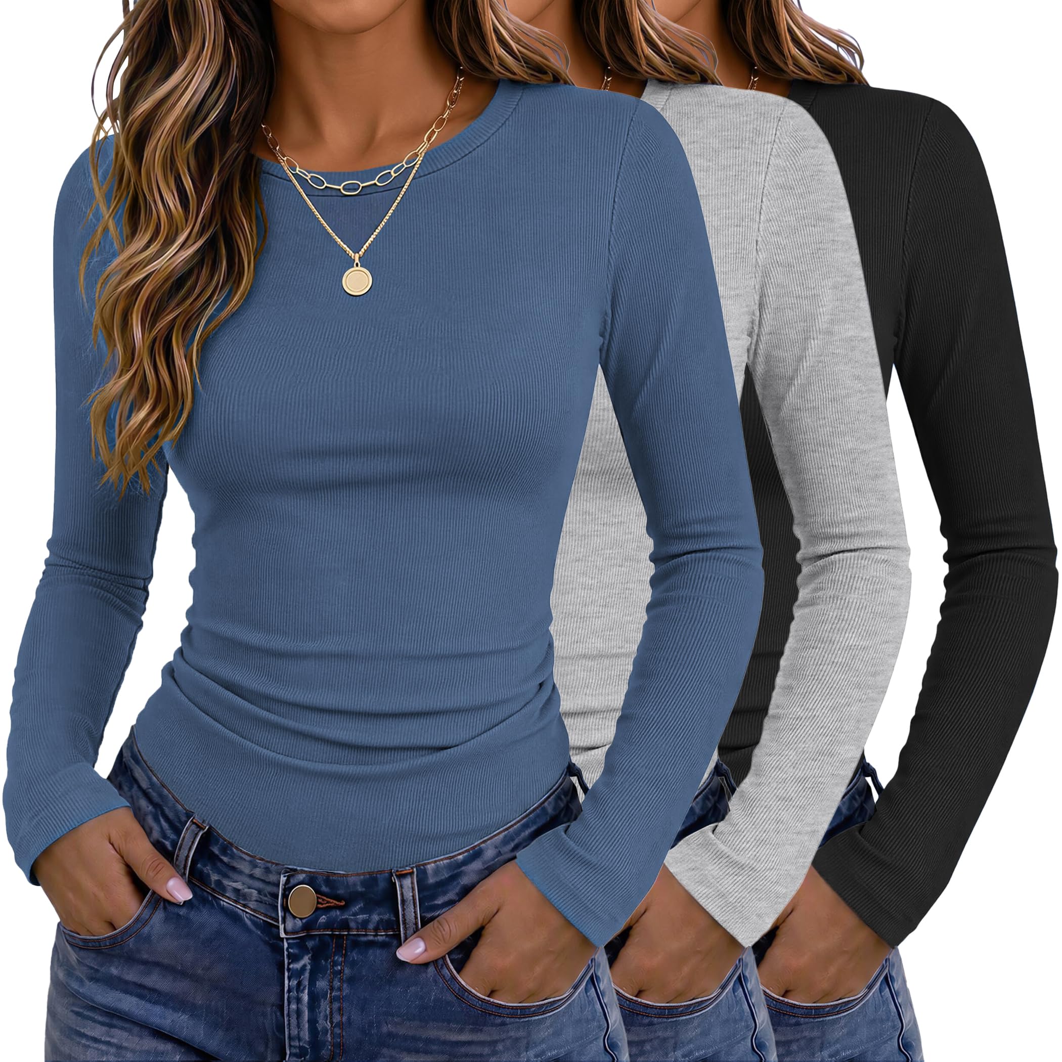 Zeagoo 3er Pack Langarmshirt Damen Slim Fit Gerippt Tshirt Basic Tunika Top