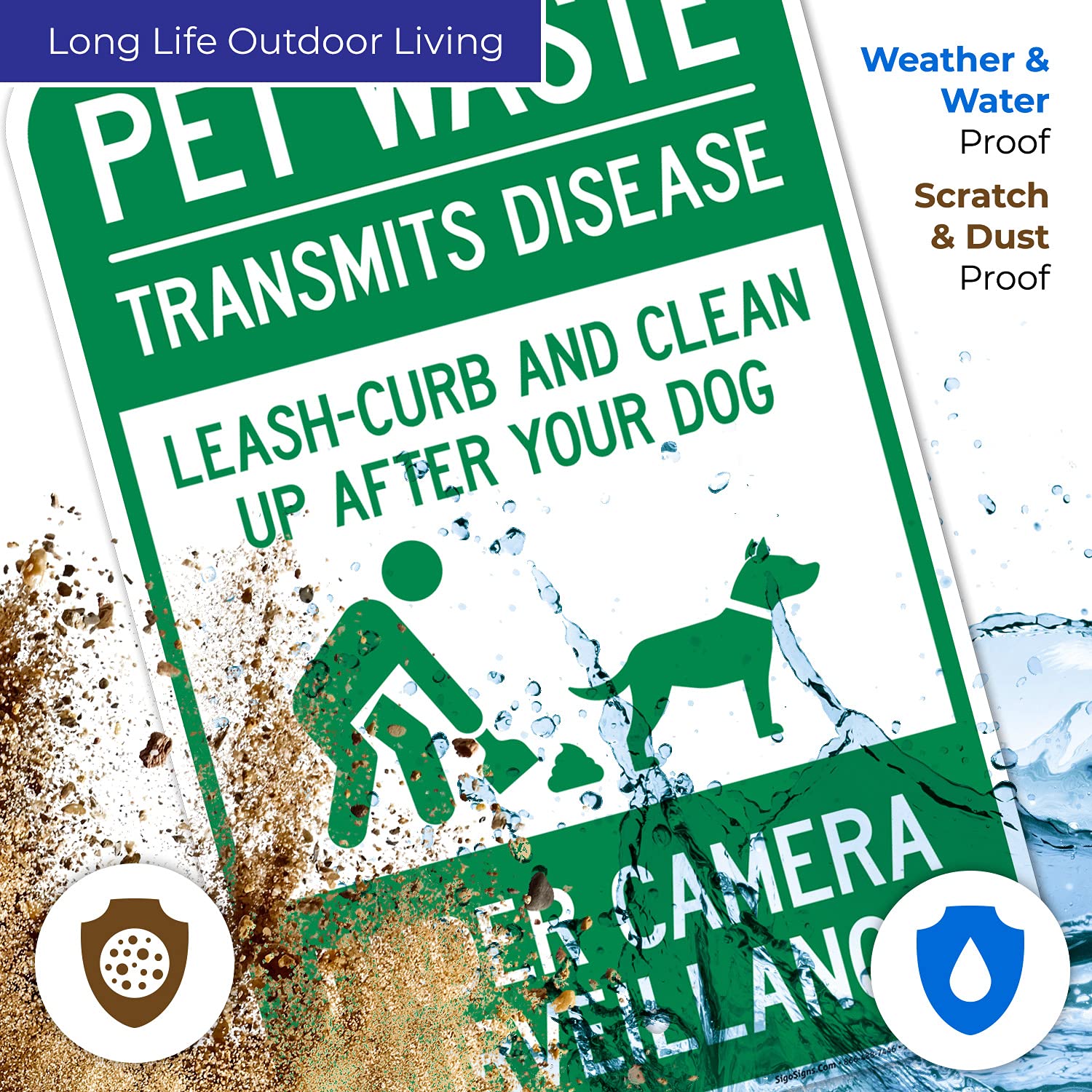 Pet Waste Leash-Curb and Clean Up After Your Dog Under Camera Surveillance Sign, (SI-63188) 12x18 Inches, Rust Free .063 Aluminum, Fade Resistant, Made in USA