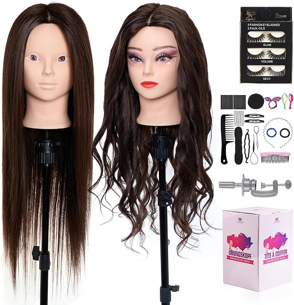 Testa per Parrucchieri con Capelli umani veri al 60%,28 Pollici,Cosmetologia Testa Bambola da Truccare e Pettinare,Testa Manichino con Morsetto da Tavolo+Ciglia Finte+Capelli Styling Treccia Set - 1