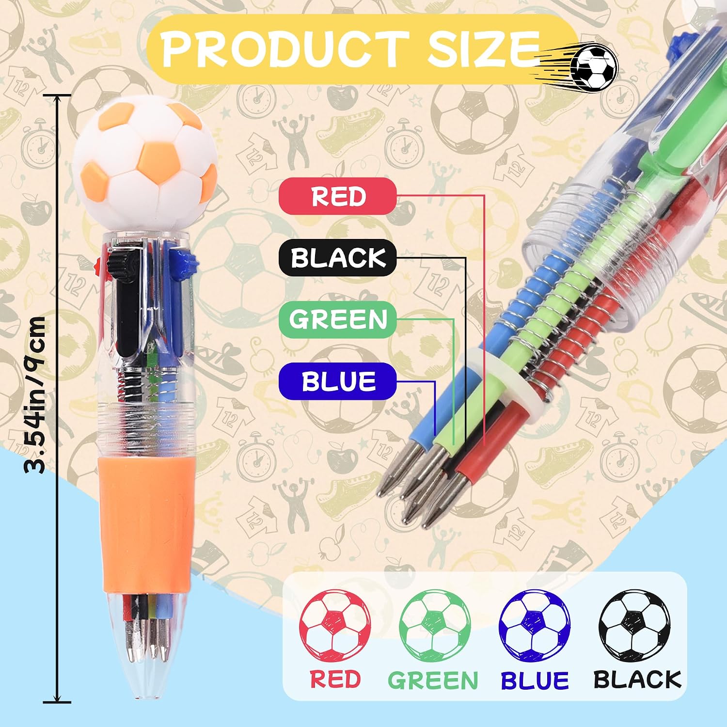 LiYiQ 12 Pcs Soccer Party Favor Multicolor Pen in One Cartoon Cute Fun 4-in-1 Cute Pens Bulk Kawaii Soccer Shape Cool Ballpoint Pens for Kids Fun Gifts image 2