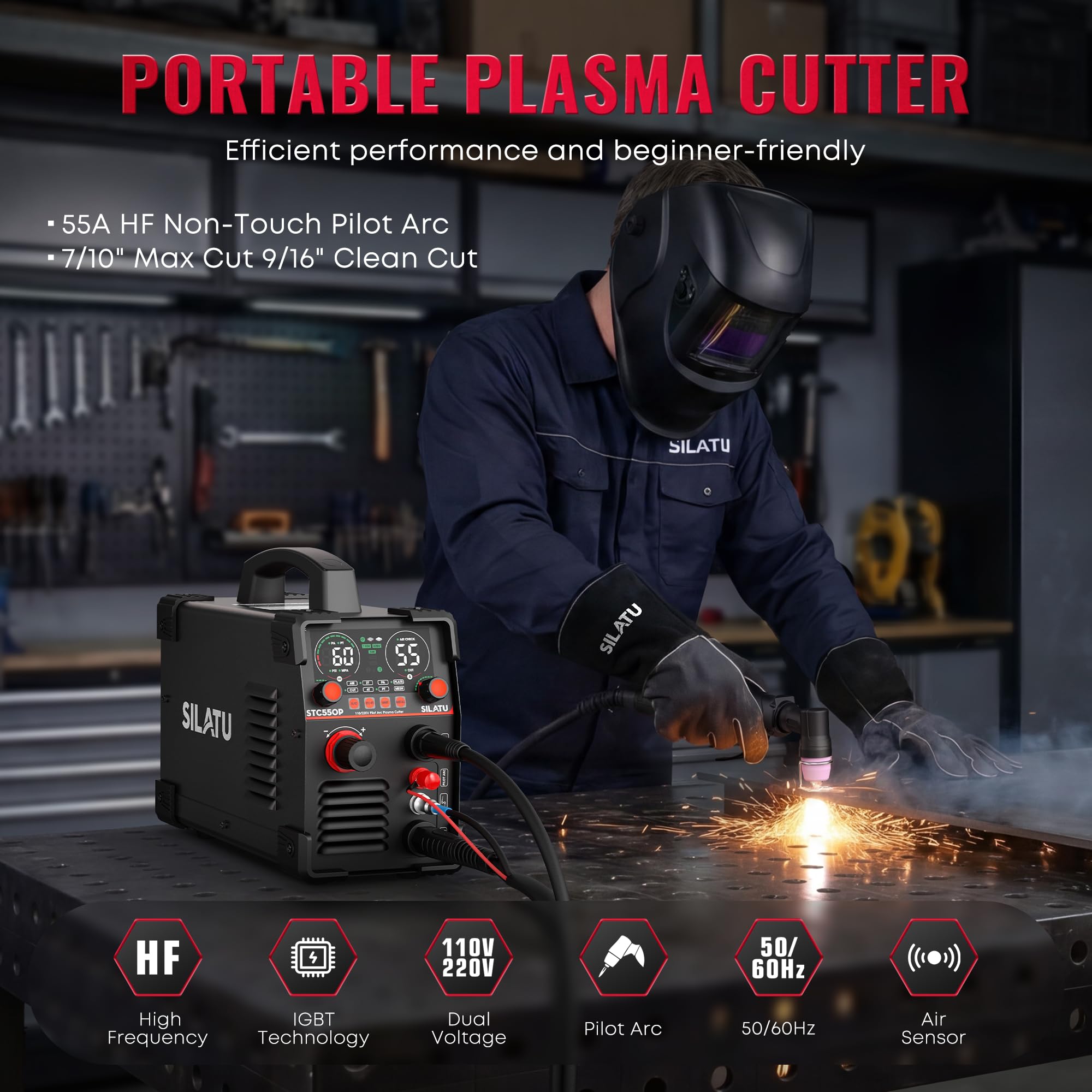 SILATU Taglierina al plasma, STC550P 55 Amps Pilot Arc Plasma Cutter, 110/220V Dual Voltage LED Display Air Sensor, 9/16'' Clean Cut 7/10'' Max Cut, Mesh Cutting, PT/2T/4T per principianti fai da te