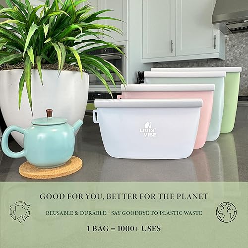 Miniatura 7 de Bolsas reutilizables de silicona para almacenamiento de alimentos, juego de 4 multicolor (17 onzas, 33.8 fl oz34 onzas, 50.7 fl oz51 onzas, 67.6 fl