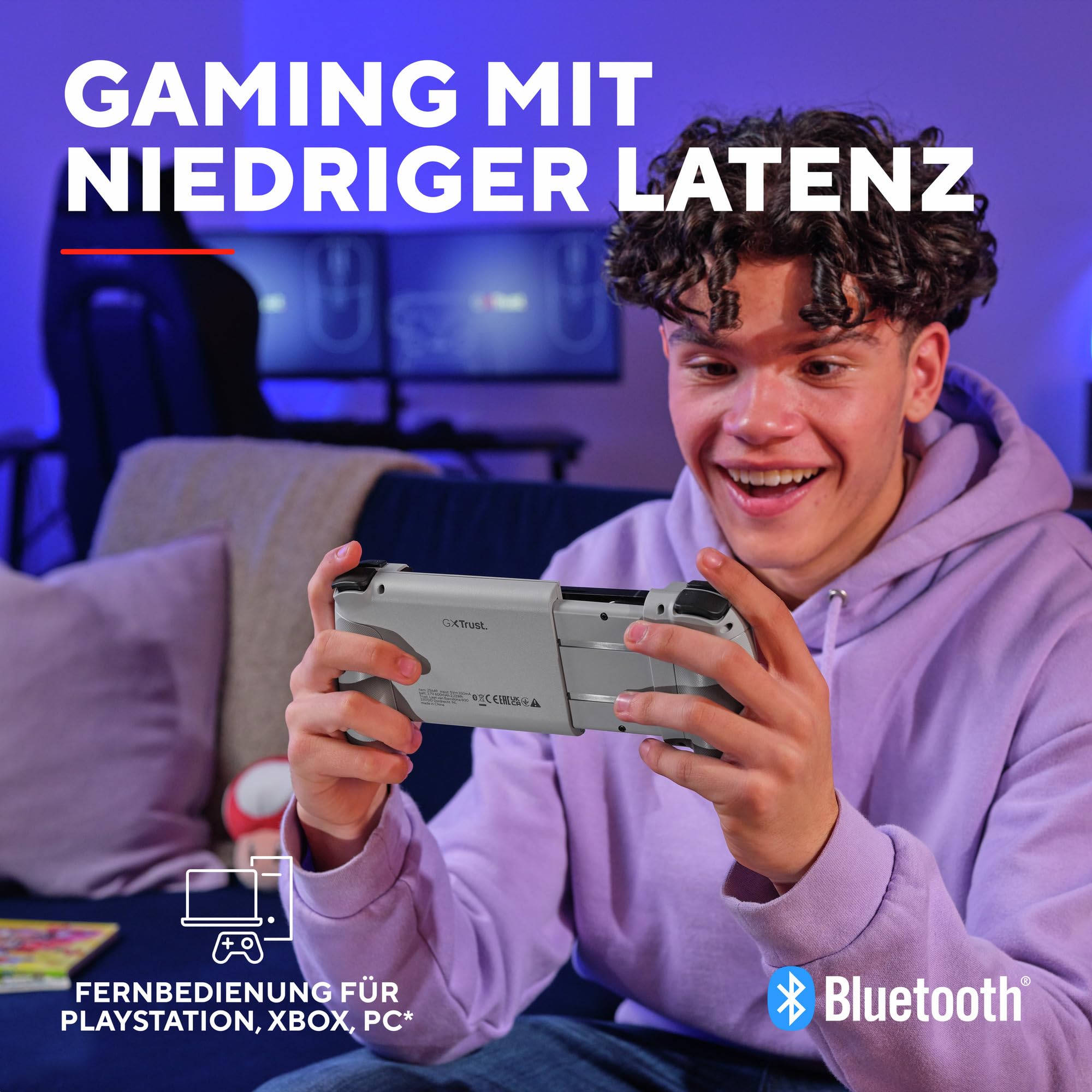 Trust Gaming GXT 735G Mylox Bluetooth Handy Controller für Iphone/Android /PS5 /Xbox, 12 Stunden Spielzeit, Dual-Feedback-Vibration, RGB-Beleuchtung, Handheld Wireless Gamepad, Mobile Gaming, Grau