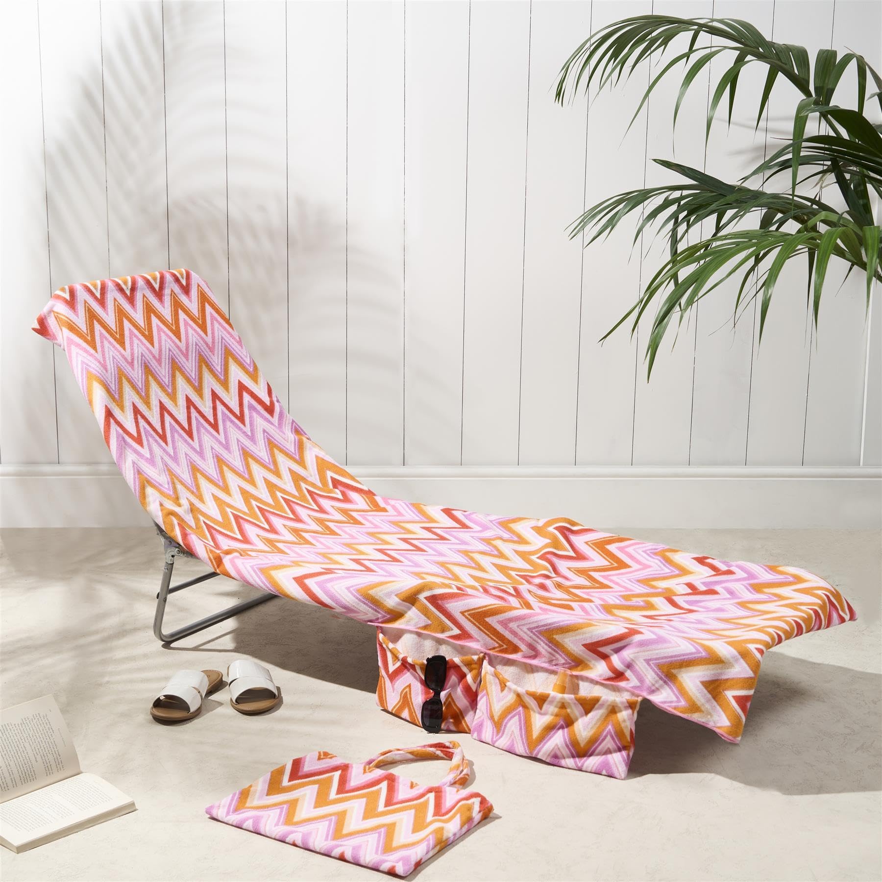 Brentfords Orange - Zig Zag Sun Lounger Towels With Pockets, Soft Quick Dry Towel Absorbent Lightweight Large Beach Towel In A Bag For Travel Poolside Beach Days Holiday Accessories, 75 X 215Cm - Orange Zigzag