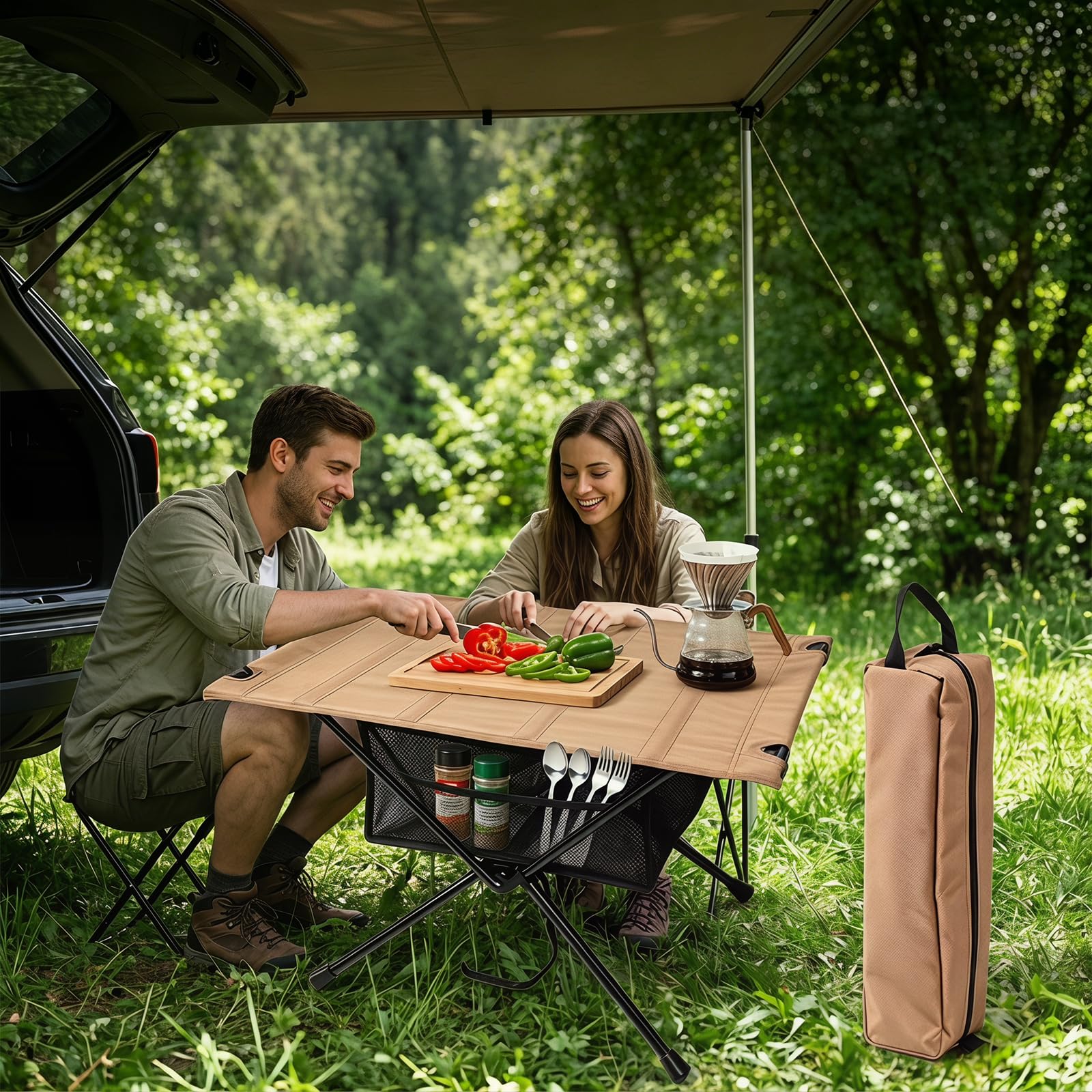 Tavolo da campeggio pieghevole, portatile, con borsa per il trasporto e borsa a rete (60 cm di lunghezza x 40 cm di larghezza), piccolo tavolo pieghevole per attività all'aperto, pesca