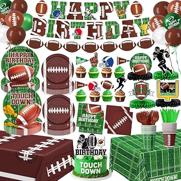 QIYANPAX Football Birthday Party Decorations Includes Plates, Napkins, Cups, Banner, Balloons, Tablecloths, Honeycomb Centerpieces for Sports Football Gameday Tailgate Decorations, Serves 24
