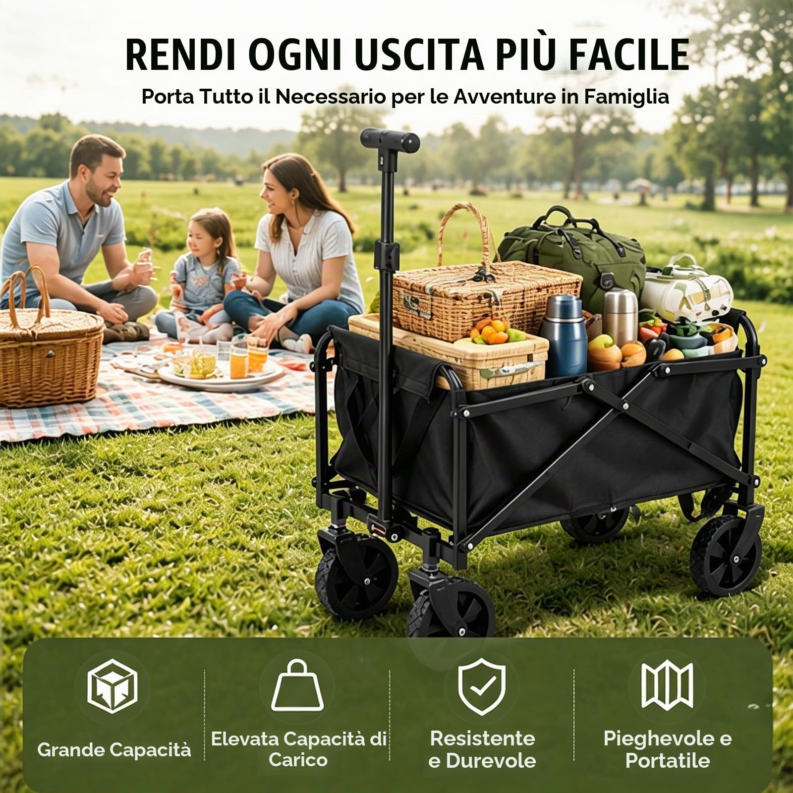 Carrello pieghevole leggero e compatto, pieghevole, portata 50 kg, con manico regolabile, salvaspazio, per la spesa, campeggio, spiaggia, gite, tessuto Oxford, nero, mini