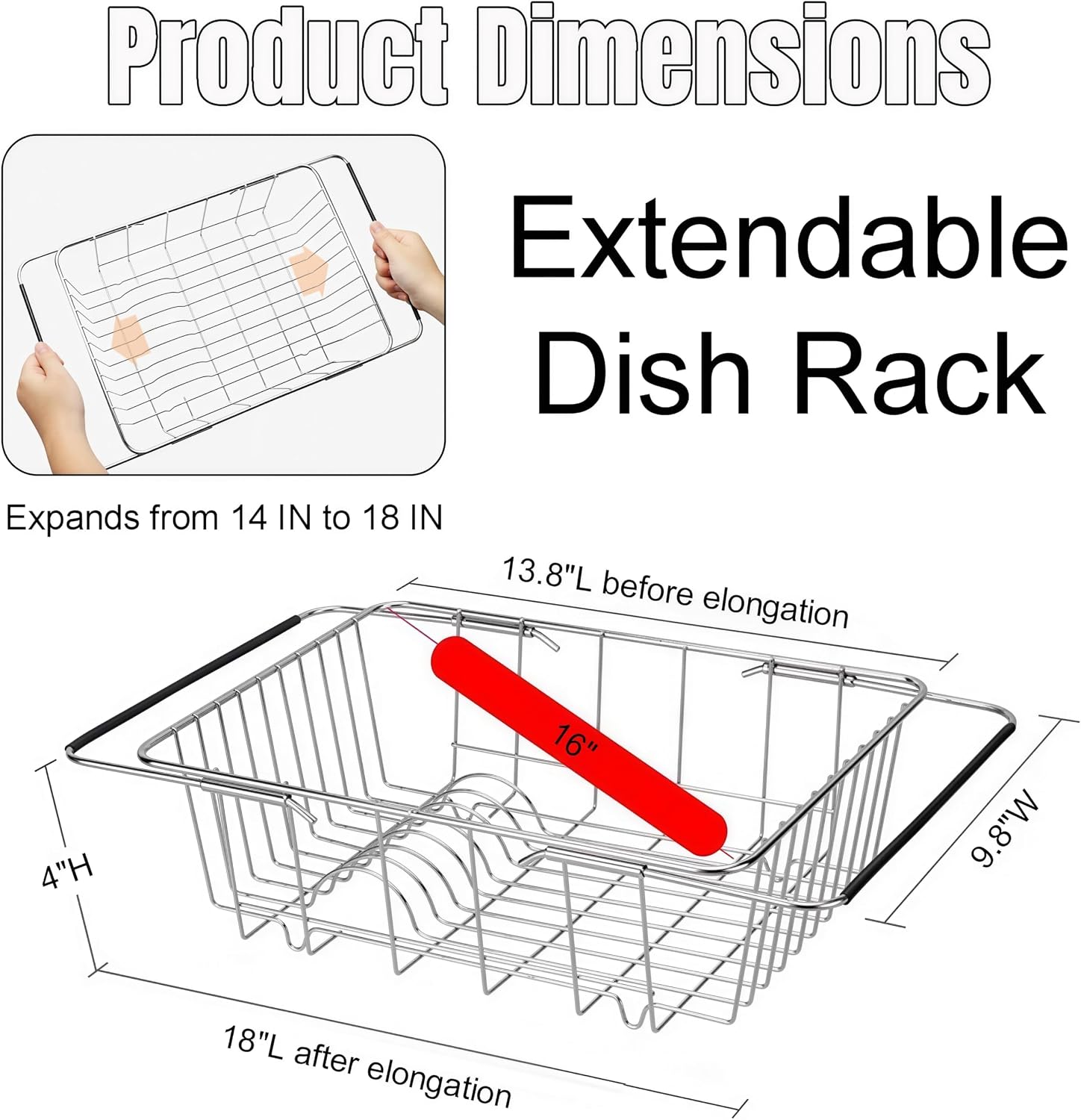Expandable Dish Drying Rack, Rustproof Stainless Over Sink Dish Drainer Rack Basket Shelf, 304 Stainless Steel Metal Dish Drainer in Sink or On Counter Organizer Dish Dryer Rack for Inside Sink
