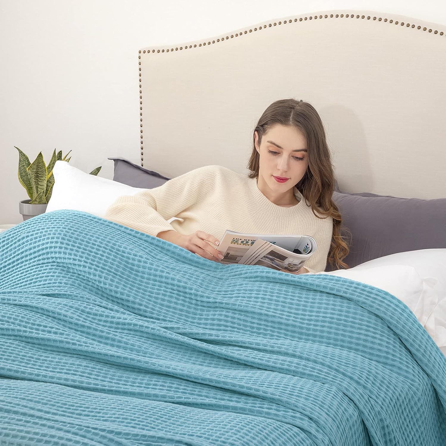 HBlife Premium 100% Cotton Blanket Queen Size, Soft Lightweight Breathable Waffle Weave Thermal Blanket for Home Decoration, Mint 90 X 90 Inches