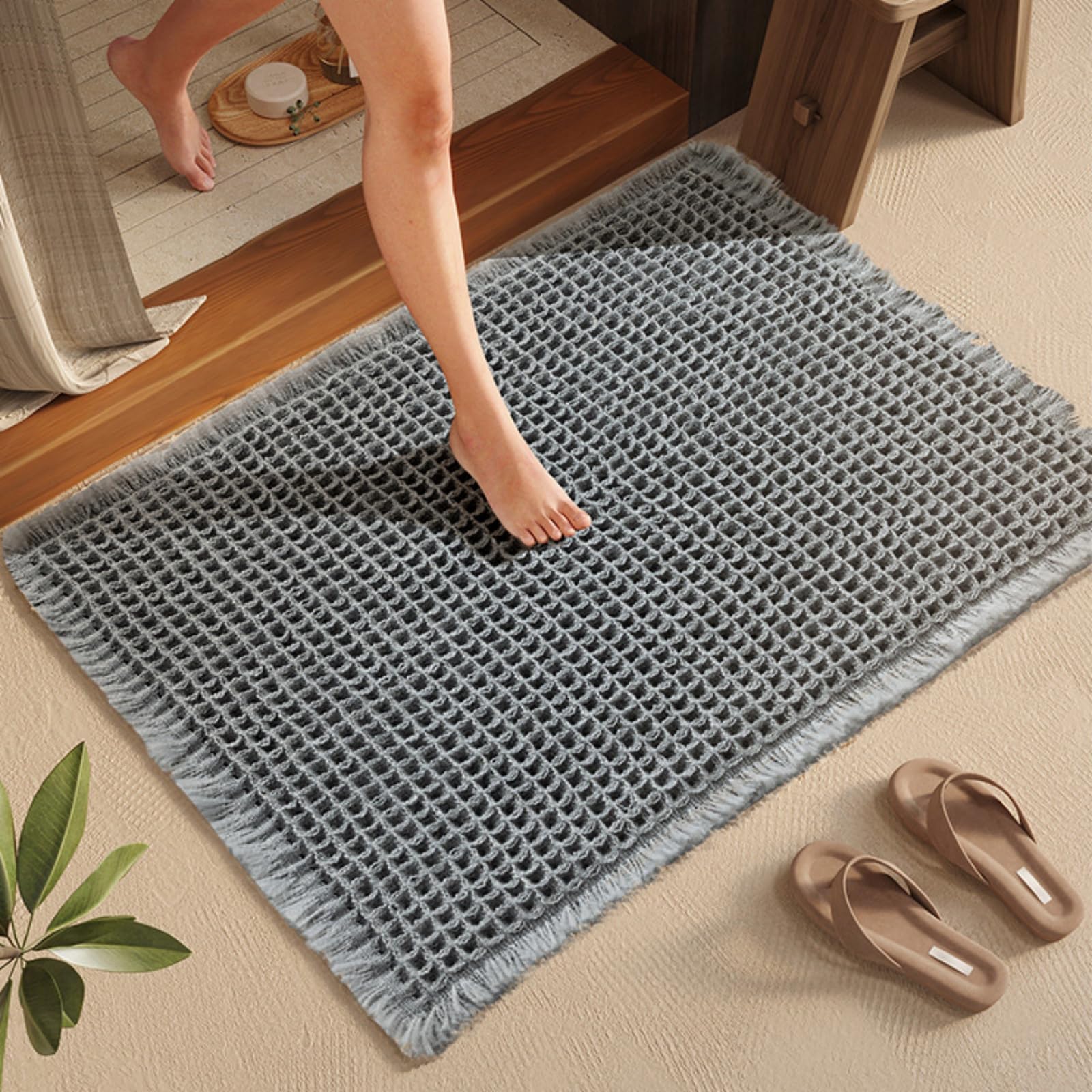 Waffle Bath Mat Non Slip Anti Mould, 50*80 cm Super Absorbent Bathroom Mat, Quick Dry Bathroom Rug Machine Washable Rubber Backed Bath Rugs for Living Room Bathroom Doormat (Gray, 50*80 cm)
