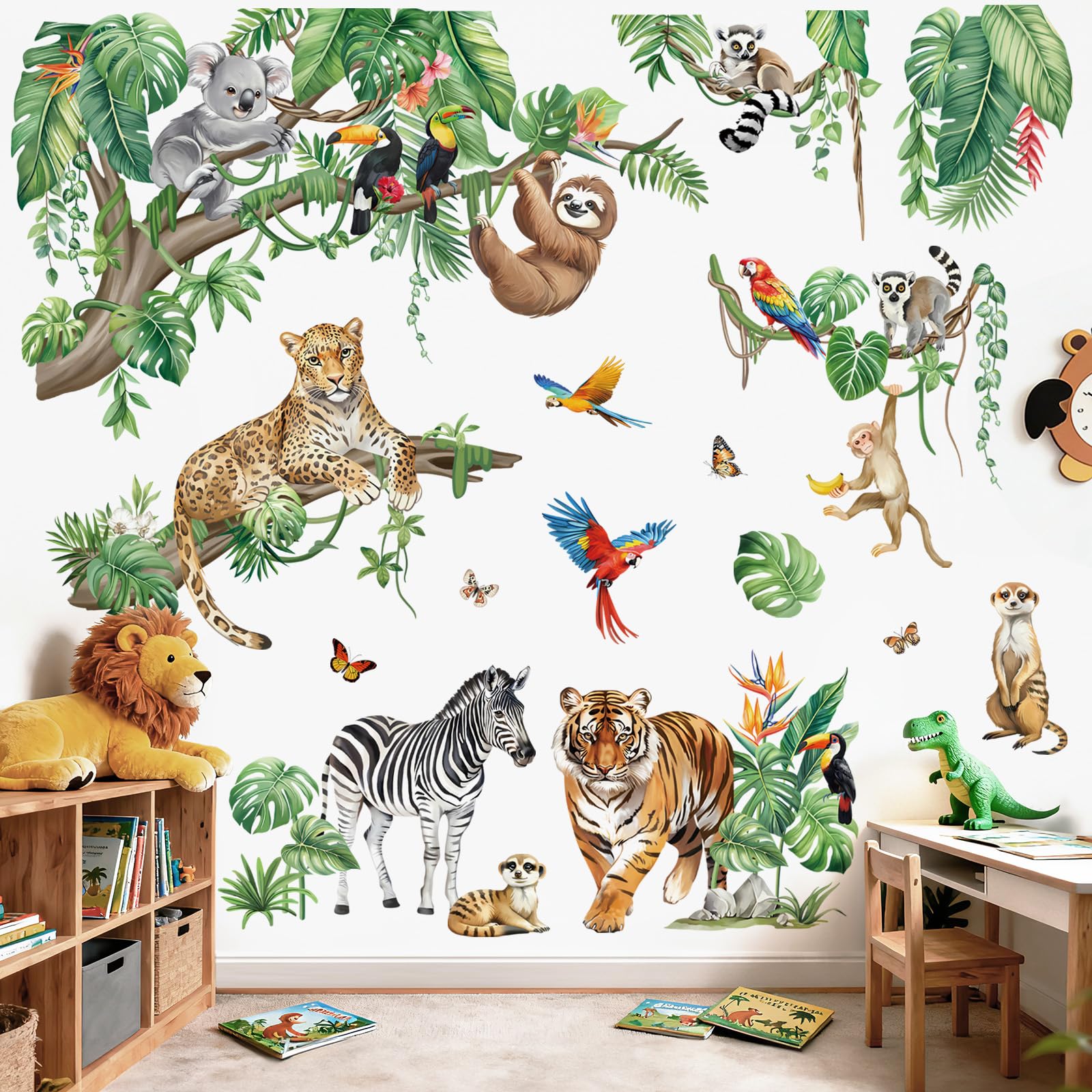 decalmile Stickers Muraux XXL Animaux de la Jungle Autocollant Mural Grand Feuilles Tropicales Animaux Safari Tigre Zèbre Décoration Murale Bébé Pépinière Chambre Enfants