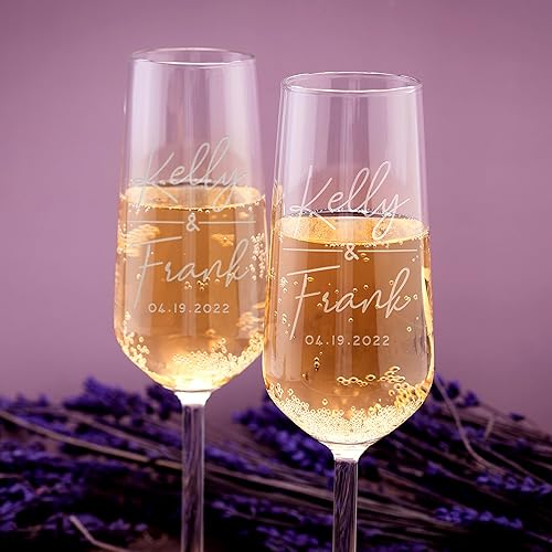 Vista 6 de GIFTBYGIFTY Personalized Wedding Champagne Flutes for Bride and Groom - Set of 2, 7 oz, 2 Designs - Champagne Glasses for Engagement with Your Names