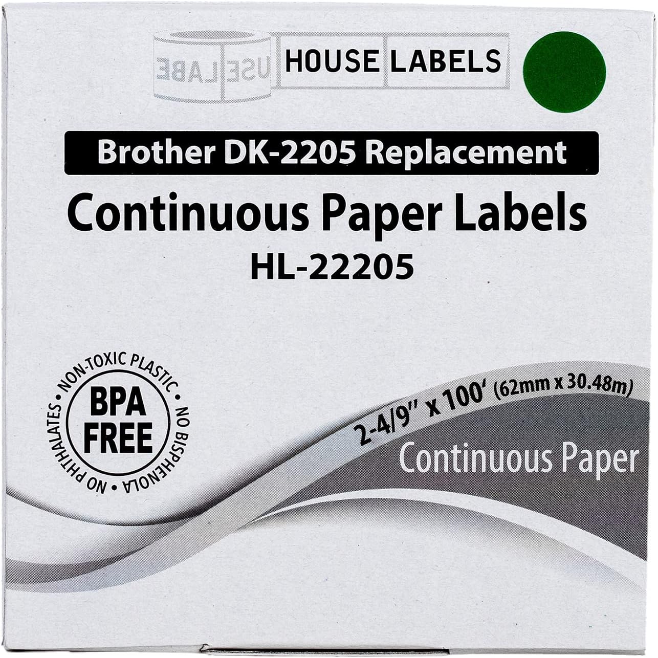HOUSELABELS Compatible with DK-2205 Replacement Roll for Brother QL Label Printers; YE GR RD BL OR PK LAV Continuous Length Labels; 2-4/9" x 100 feet (62mm*30.48m) with 1 Reusable Cartridge - 7 Rolls
