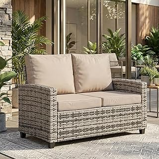 BUPPLEE Outdoor Patio Loveseat, All-Weather Outdoor Wicker Sofa with Com...