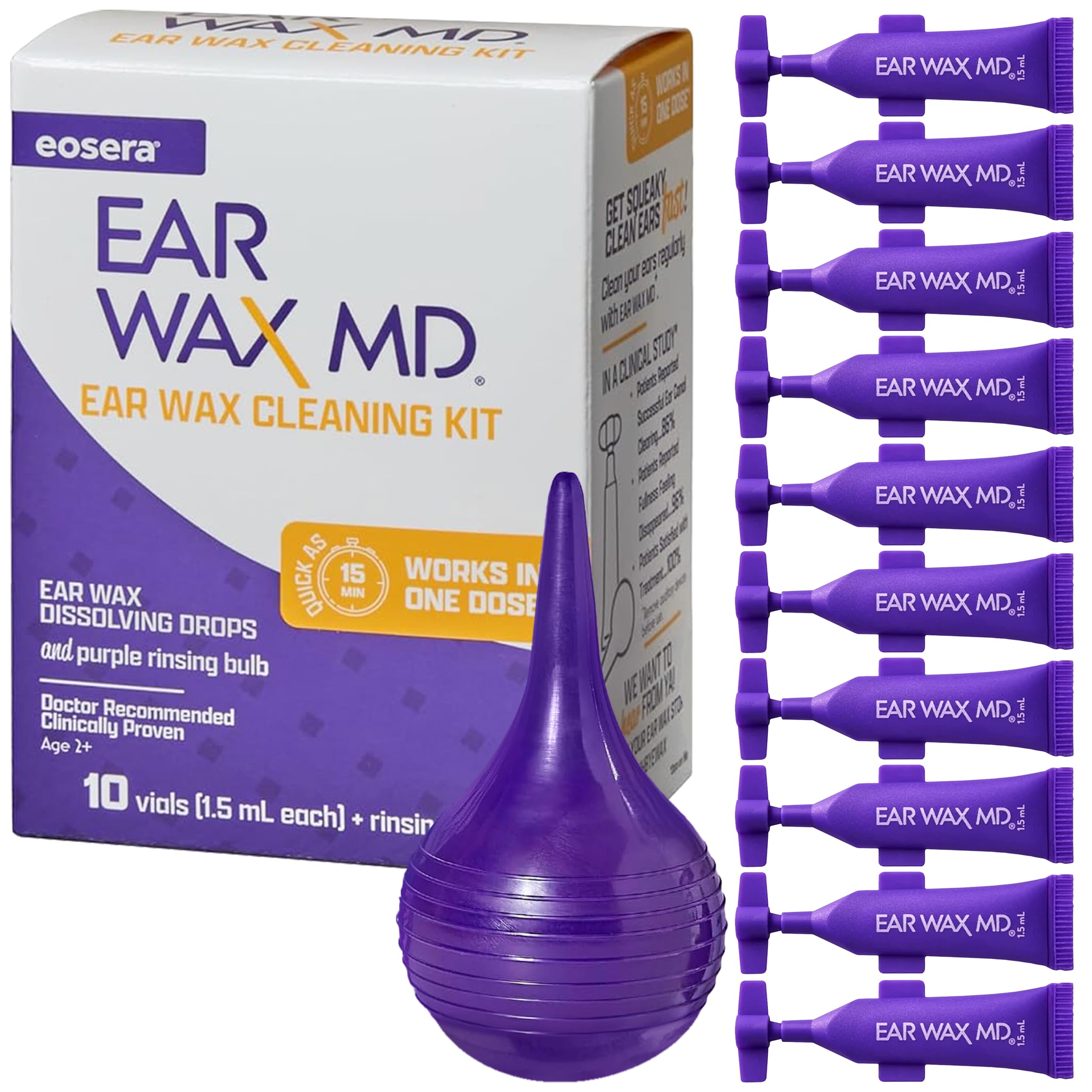 eosera Ear Wax MD Cleaning Kit - Fast-Acting Ear Wax Dissolving Drops Rinse Bulb Syringe - Doctor Recommended