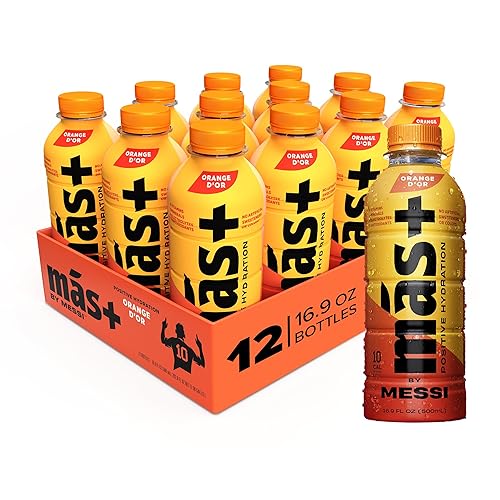 Más+ by Messi Orange d'Or de 16.9 onzas, bebida deportiva e hidratación, sabores naturales con vitaminas y electrolitos, sin edulcorantes ni colores
