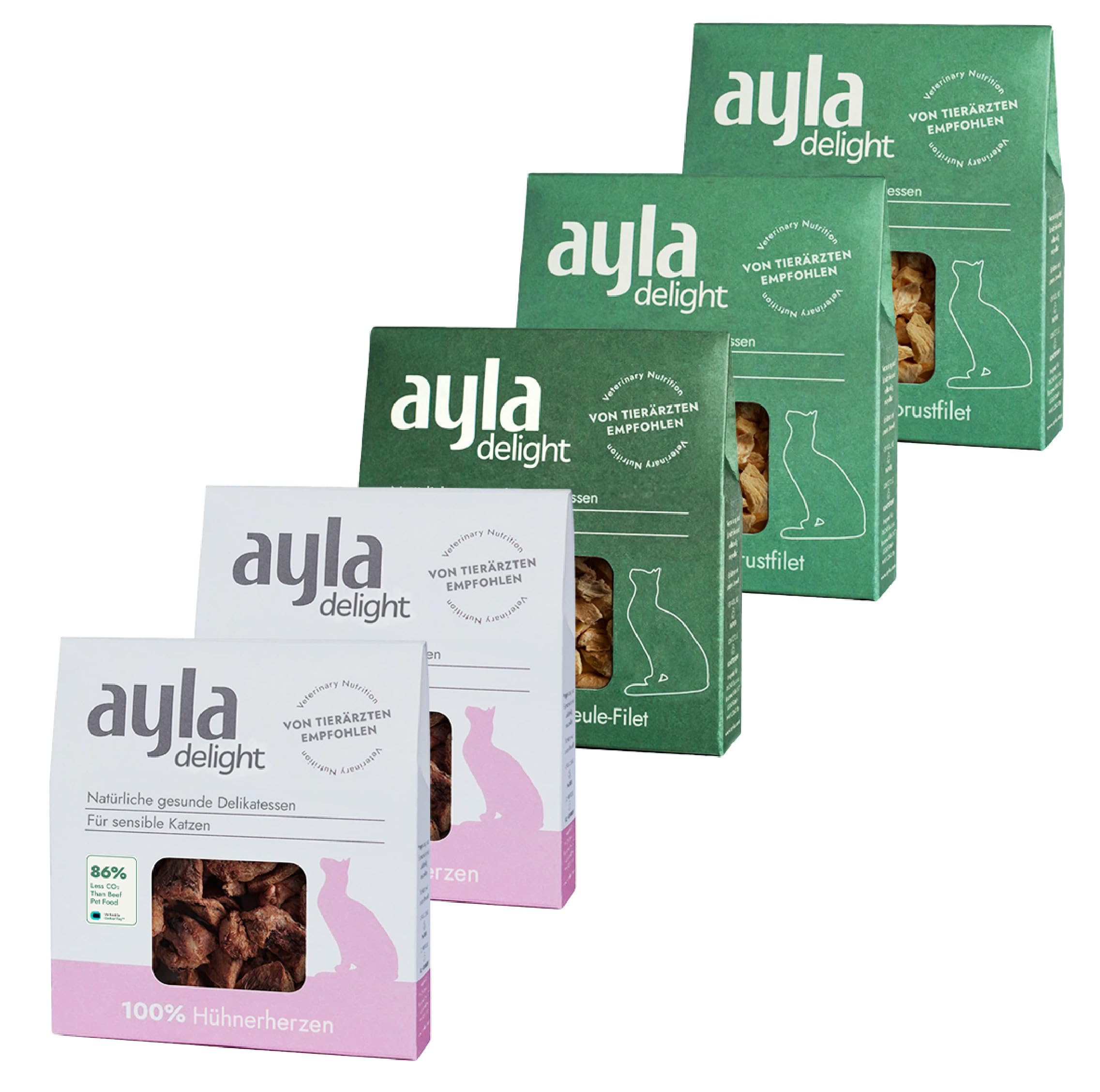 Premium Gefriergetrocknetes | 5er Bundle Hühner-Mix | 2X Hühnerbrust, 2X Hühnerherzen, 1x Hühnerschenkel | Proteinreich für Fell & Muskulatur | Für Kitten & Erwachsene Katzen | AYLA