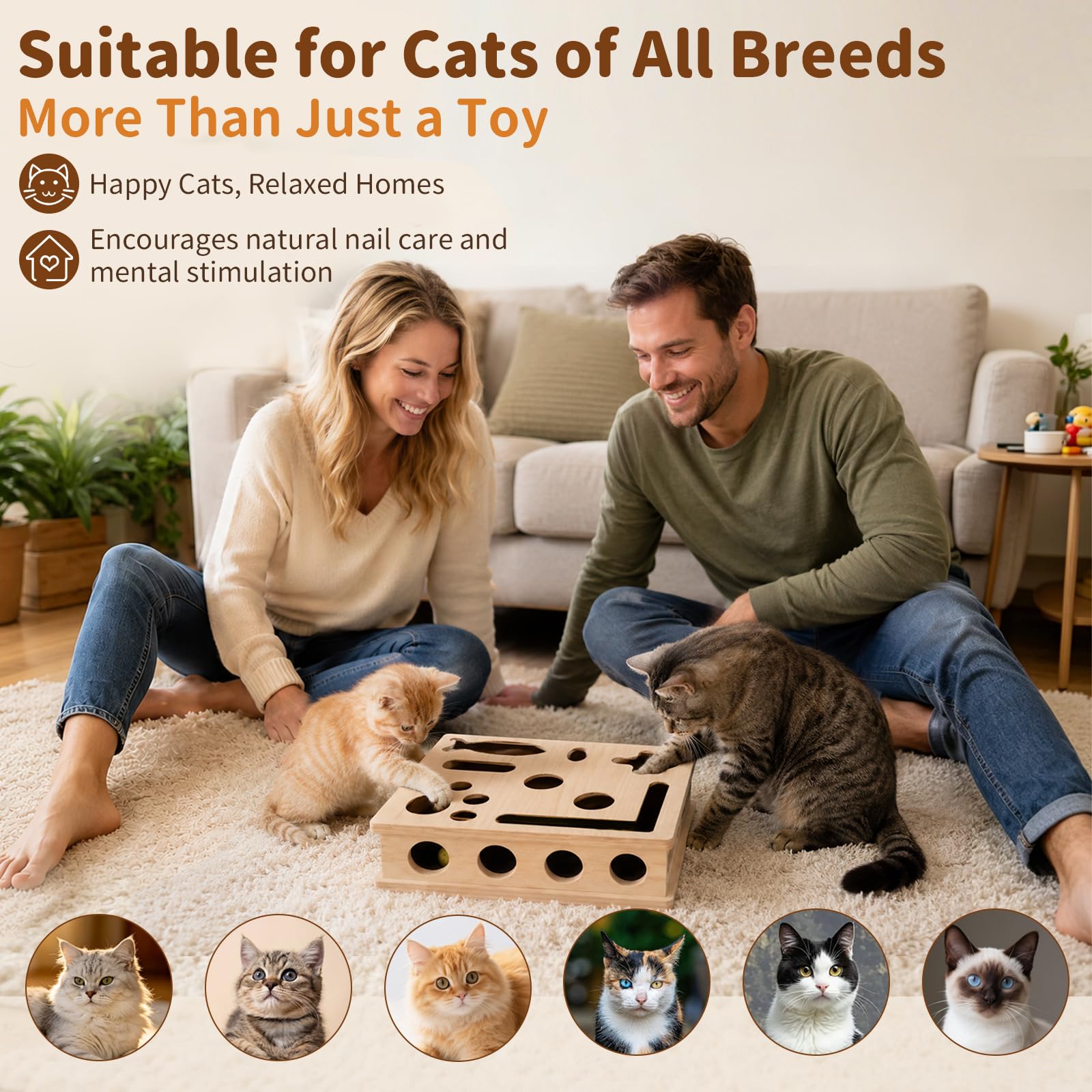 HA BIN 2-in-1 Kratzpuzzle für Katzen – Interaktives Katzenspielzeug mit Sandpapier-Nagelfeile, Holz Kratzbrett & Futterlabyrinth gegen Langeweile, Activity-Center für Wohnungskatzen