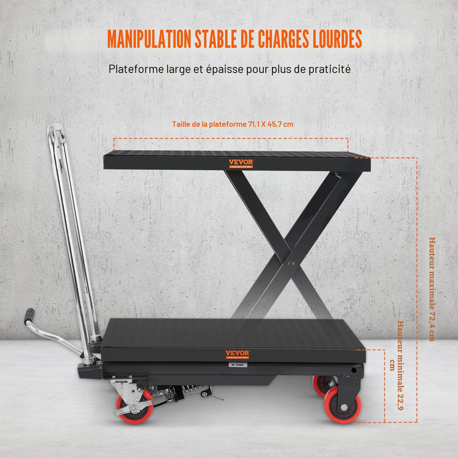 VEVOR Chariot à Table Élévatrice Hydraulique Charge 230 kg Chariot Élévateur Manuel à Ciseaux Simples Hauteur de Levage 720 mm 4 Roues Coussin Antidérapant pour Manutention Transport Matériaux, Noir