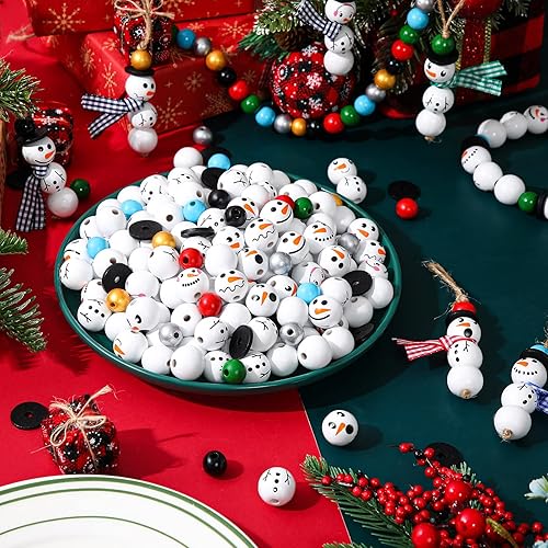 Miniatura 3 de Vicenpal 450 Piezas Cuentas de Madera de Navidad Muñeco de Nieve de Invierno Cuentas de Madera a Cuadros Estilo Búfalo con Bufanda de Hilo Colorido