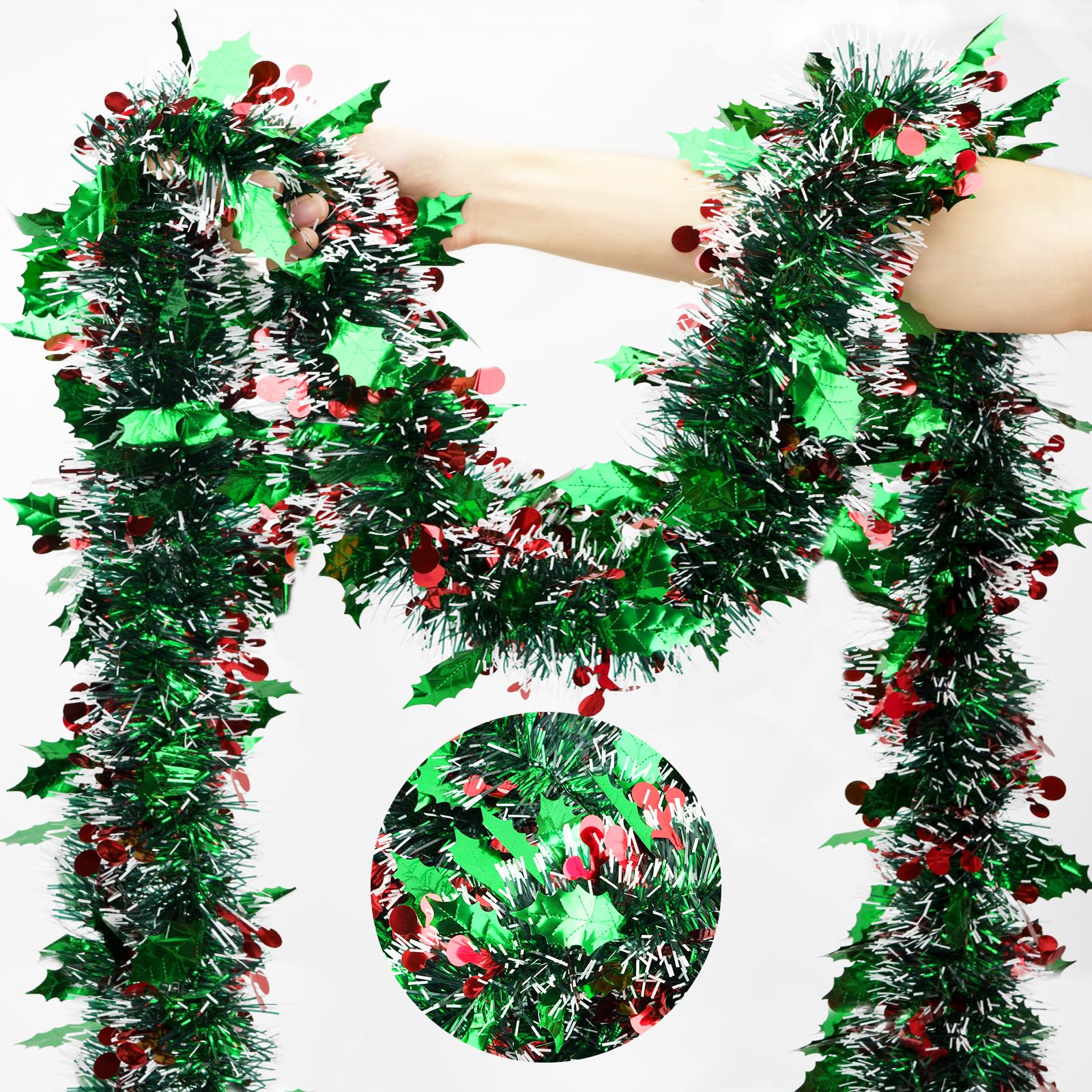 KINGLAKE Red Christmas Tinsel Garland, 10M x 9CM Thick Metallic Tinsel for Christmas Tree Decorations Party, Home
