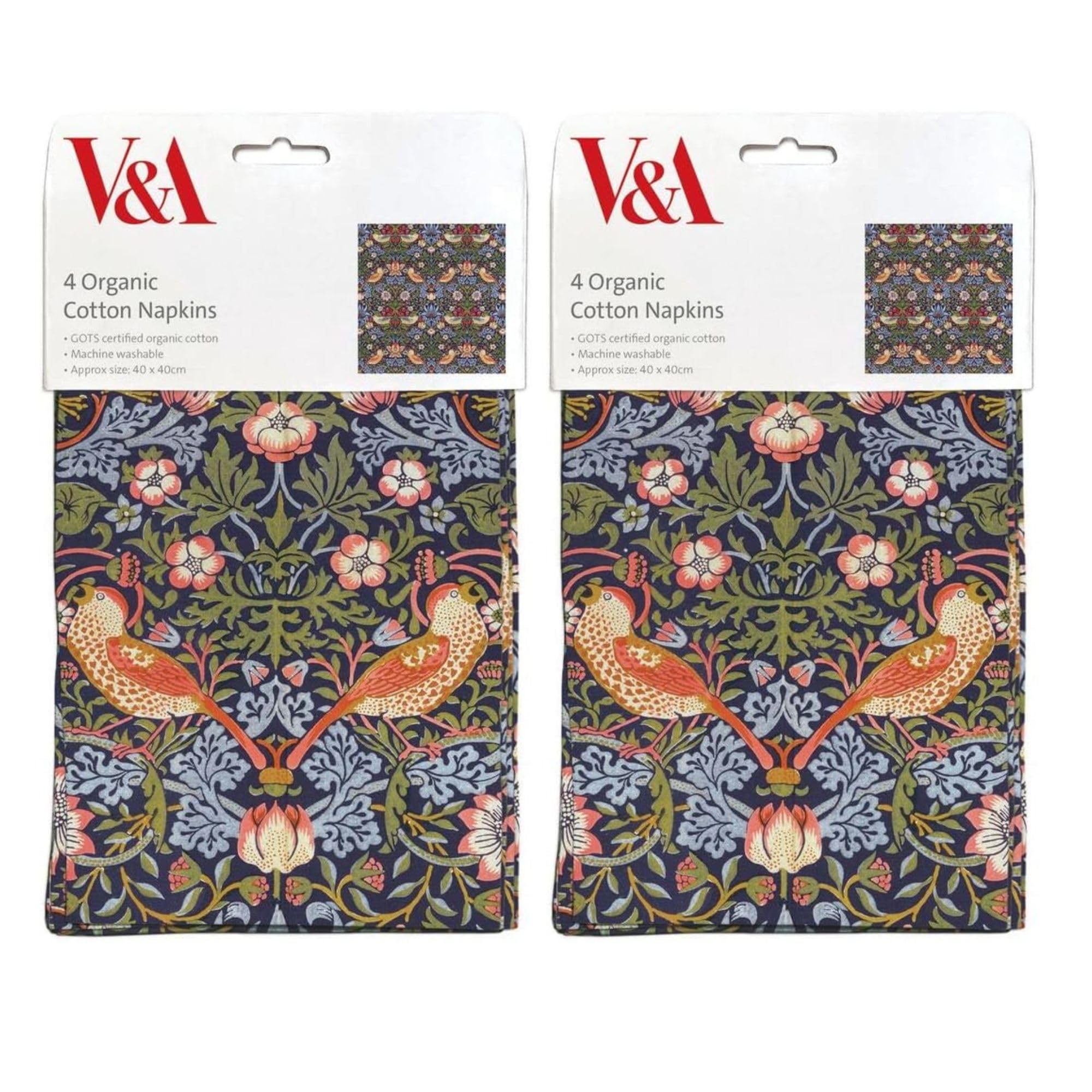 Museums & Galleries 2 x 4 Cloth Napkins - Strawberry Thief by William Morris - Organic Cotton - Artistic V&A Design - Reusable Tableware